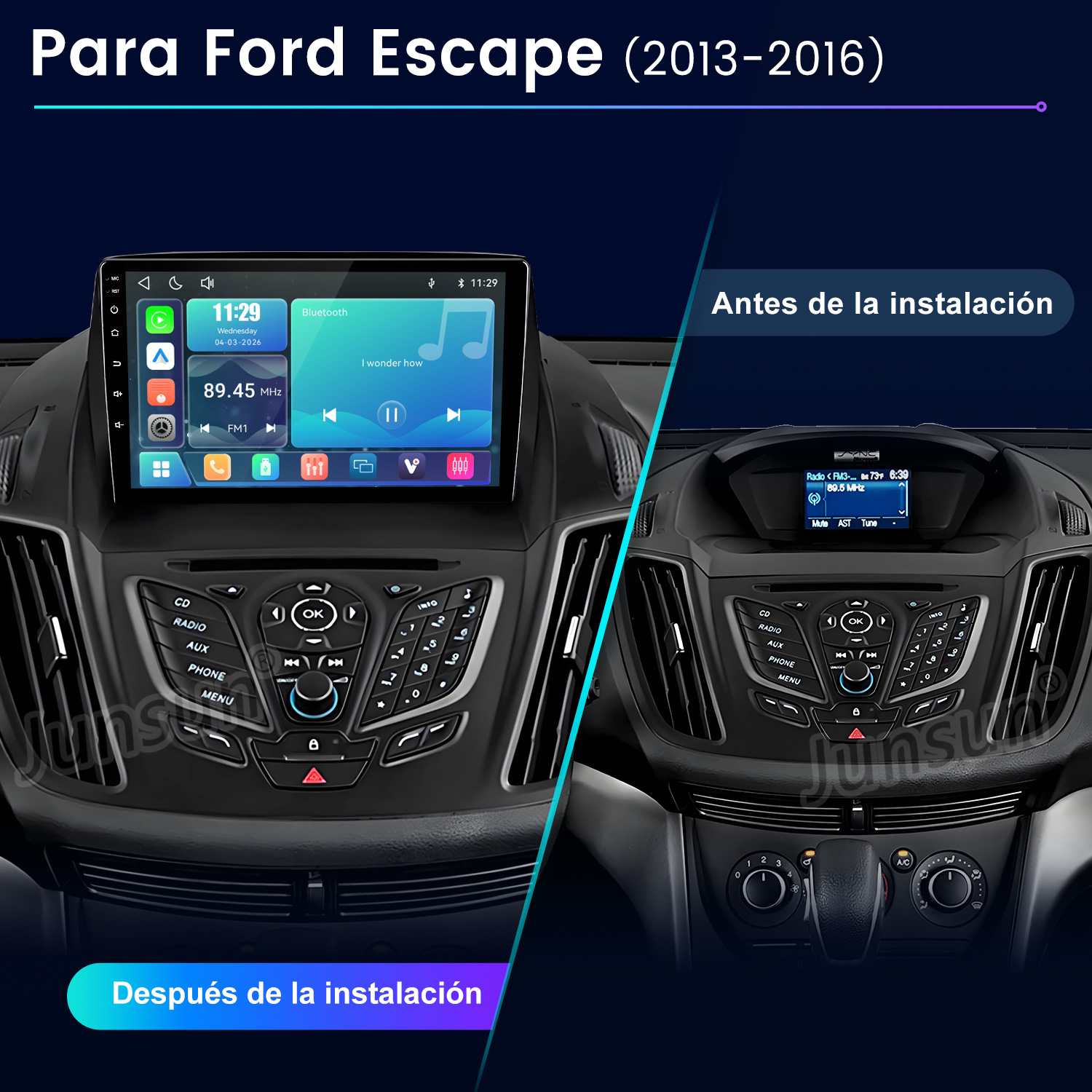 Comparación del tablero del Ford Escape antes y después de instalar una nueva pantalla táctil.