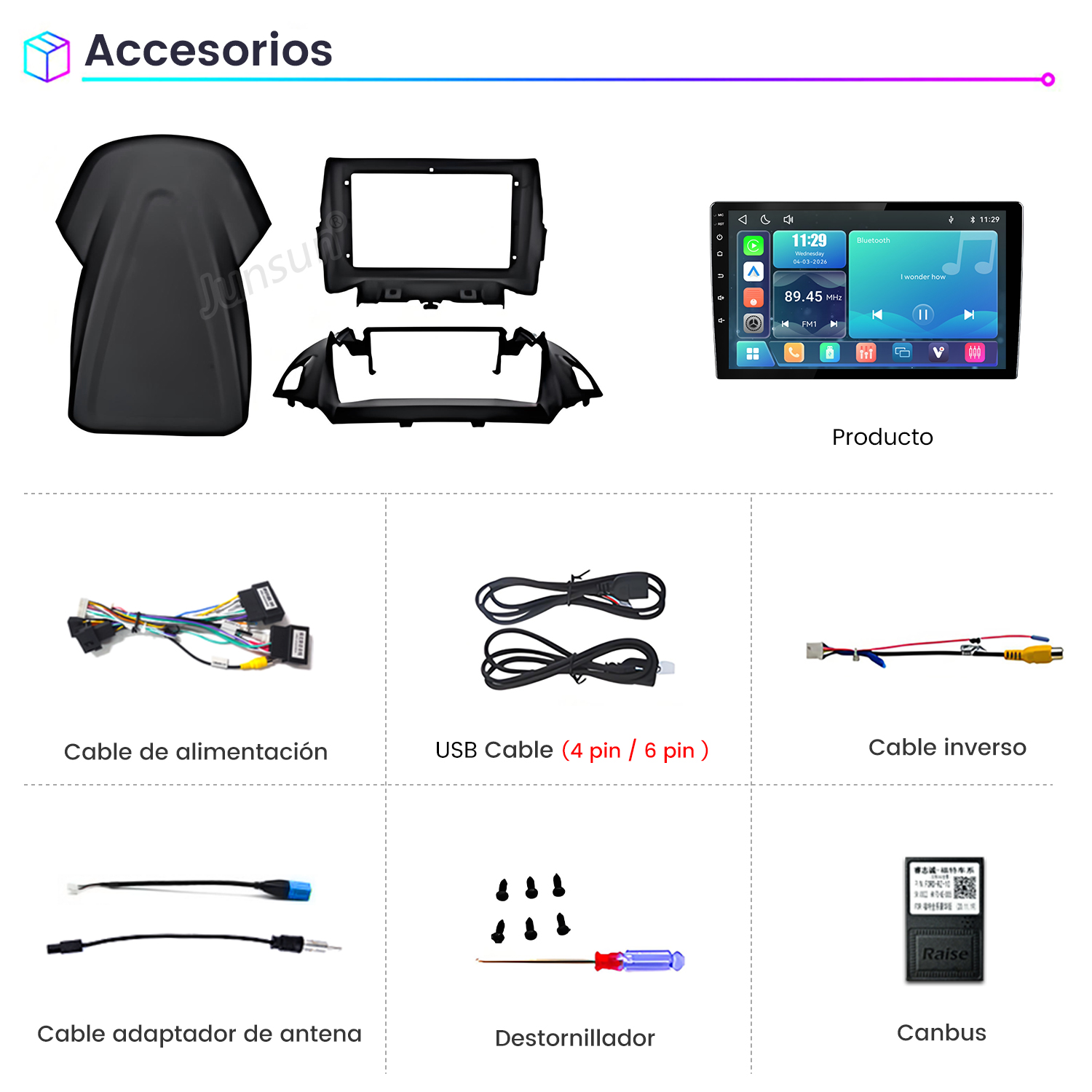 Kit de accesorios para autorradio con cables, marco, destornillador y decodificador Canbus.