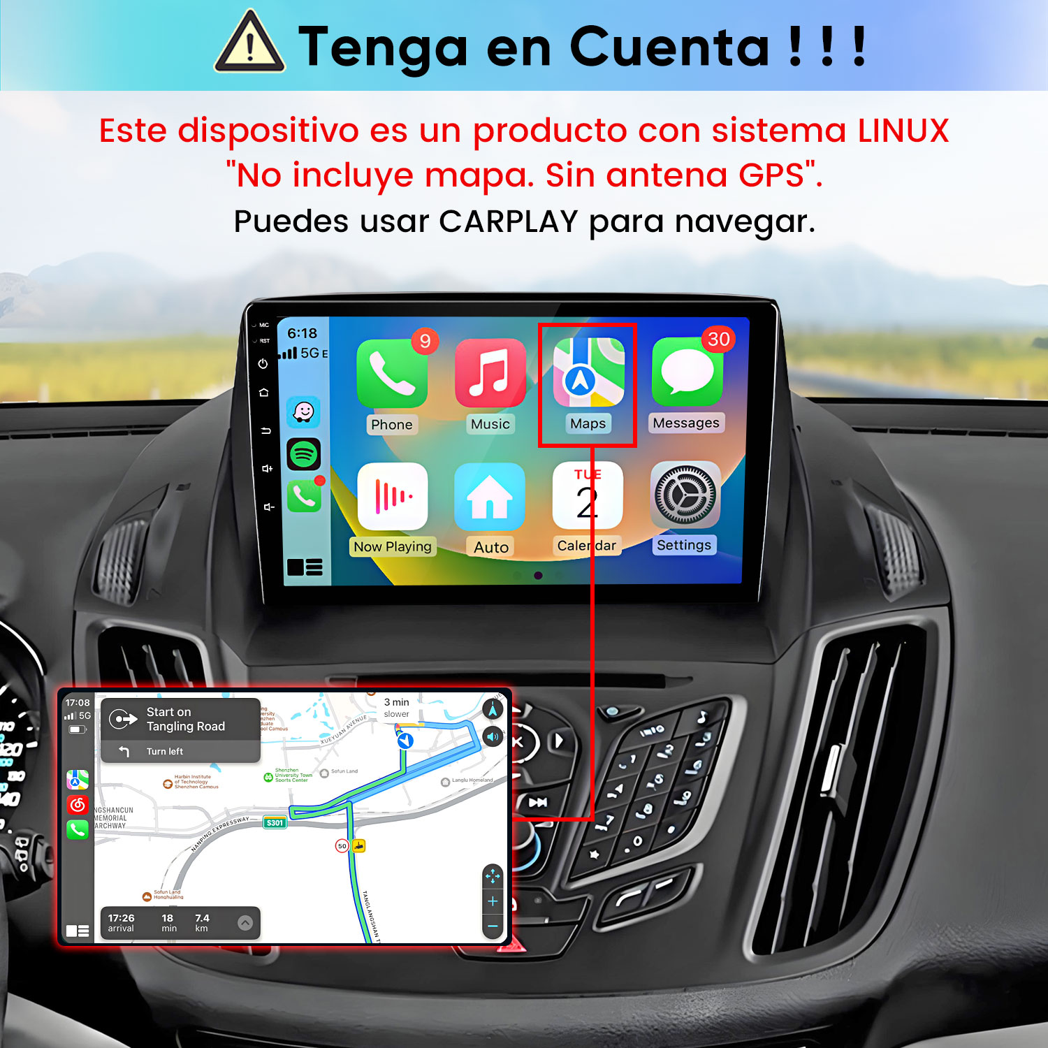 Salpicadero de coche con pantalla digital, iconos de CarPlay y texto en español sobre sistema Linux y sin antena GPS.
