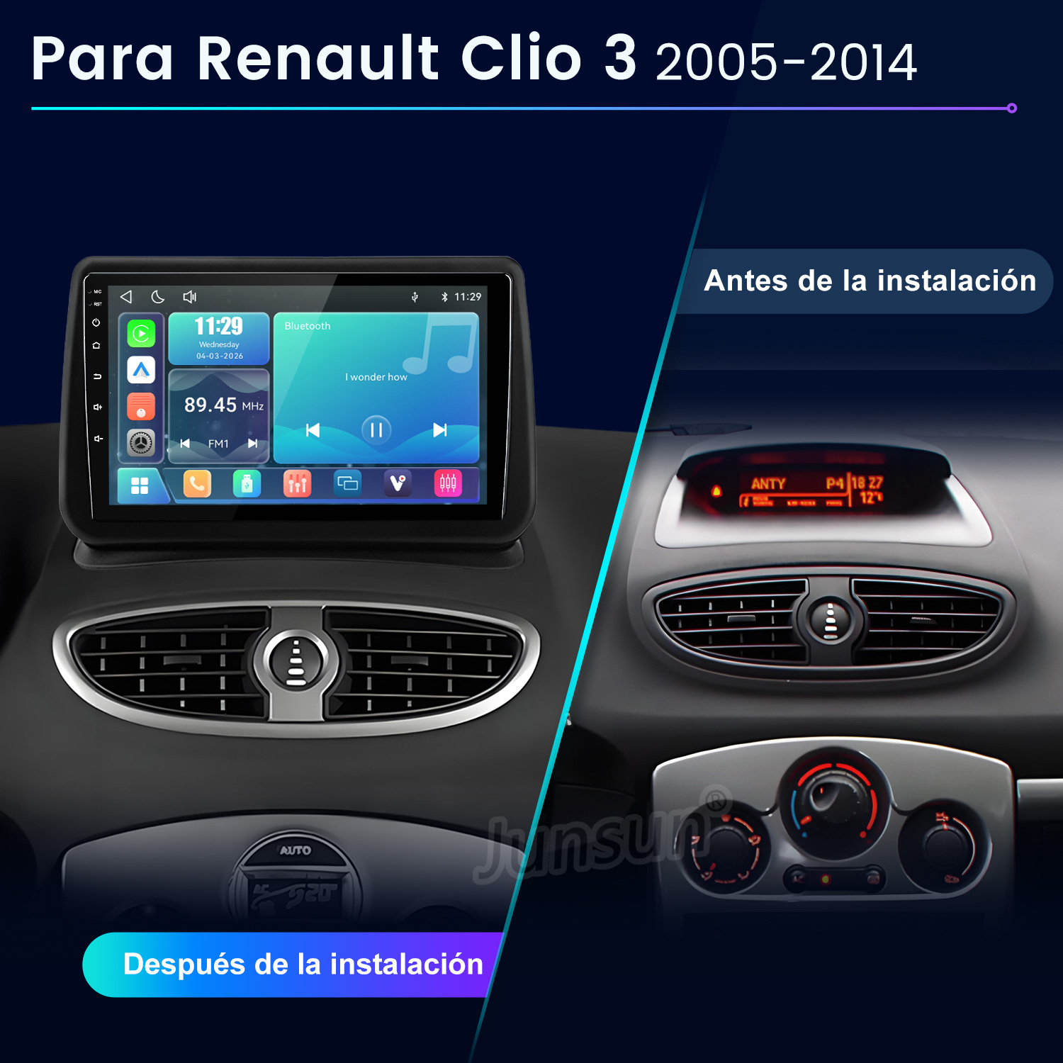 Comparación del salpicadero del Renault Clio 3 antes y después de instalar una nueva pantalla táctil.