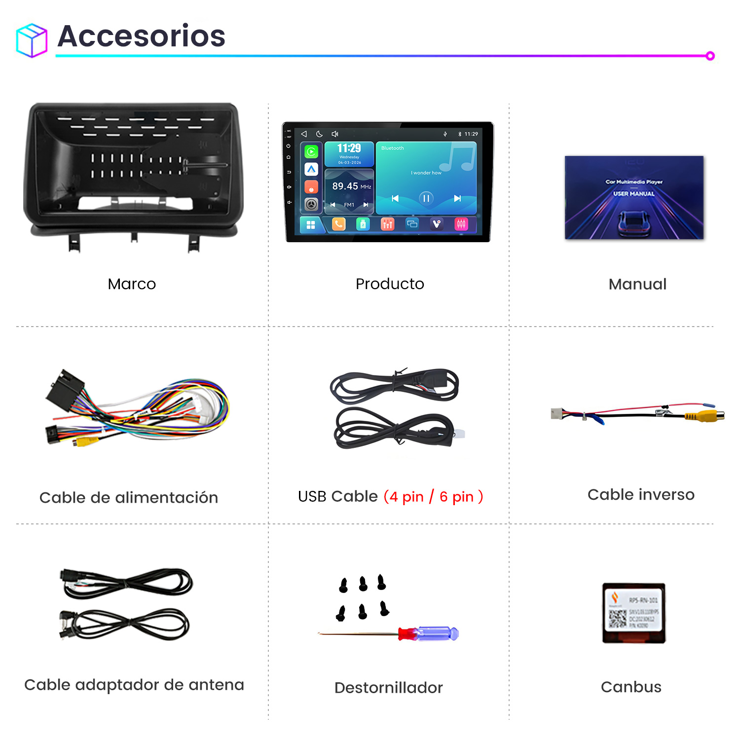 Cuadrícula de nueve accesorios para automóviles que incluye pantalla, cables, marco, manual, destornillador y Canbus.