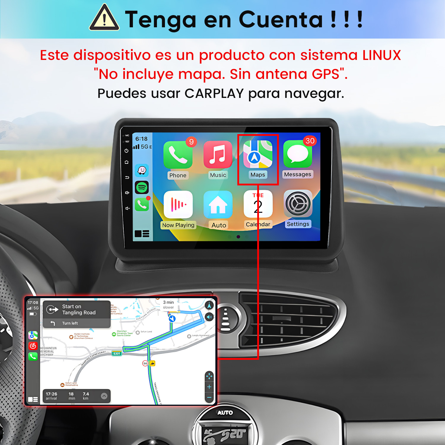 Pantalla de coche con sistema Linux que muestra la interfaz CarPlay y un mapa.