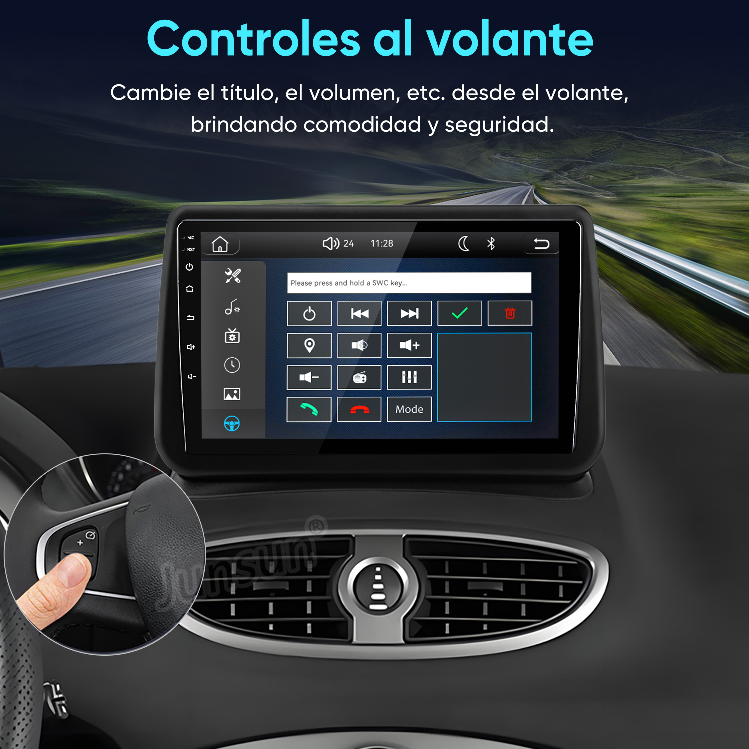 Pantalla de coche mostrando ajustes de control al volante, con un inset que muestra un dedo pulsando.
