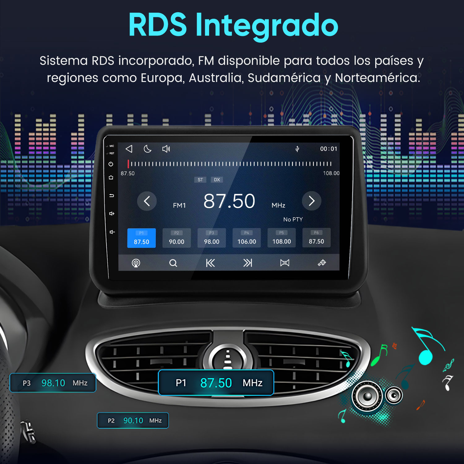Pantalla de estéreo de coche con interfaz de radio FM en el salpicadero.