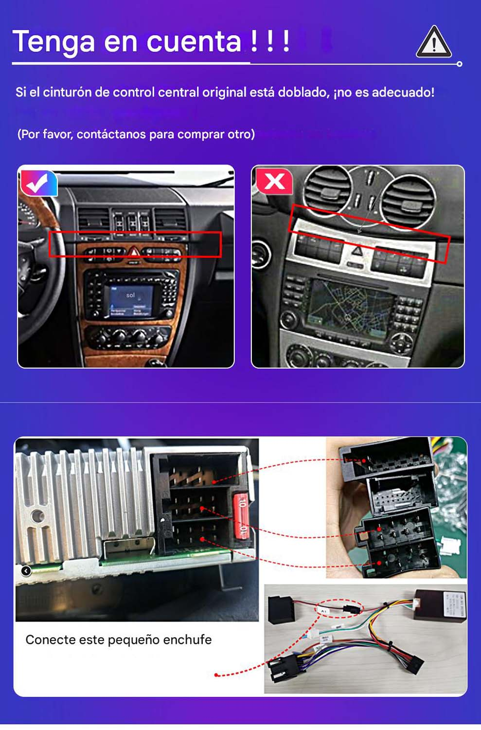Guía de instalación de salpicadero de coche y cableado con advertencias en español.