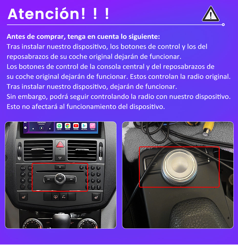 Aviso en morado: instalar el nuevo dispositivo deshabilita los controles originales.