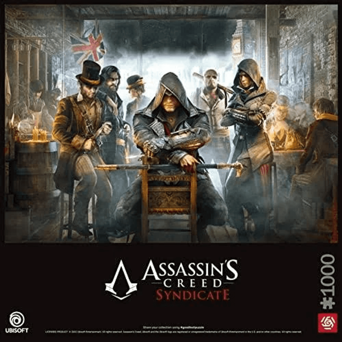 Personajes de Assassin's Creed Syndicate en una taberna de Londres con bandera británica.