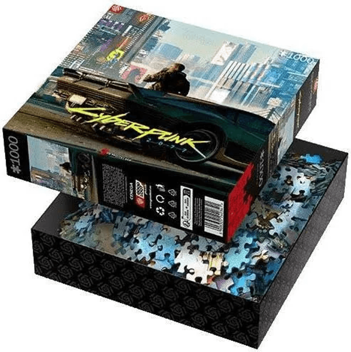 Una caja de rompecabezas Cyberpunk 2077 con 1000 piezas abiertas, mostrando piezas azules.