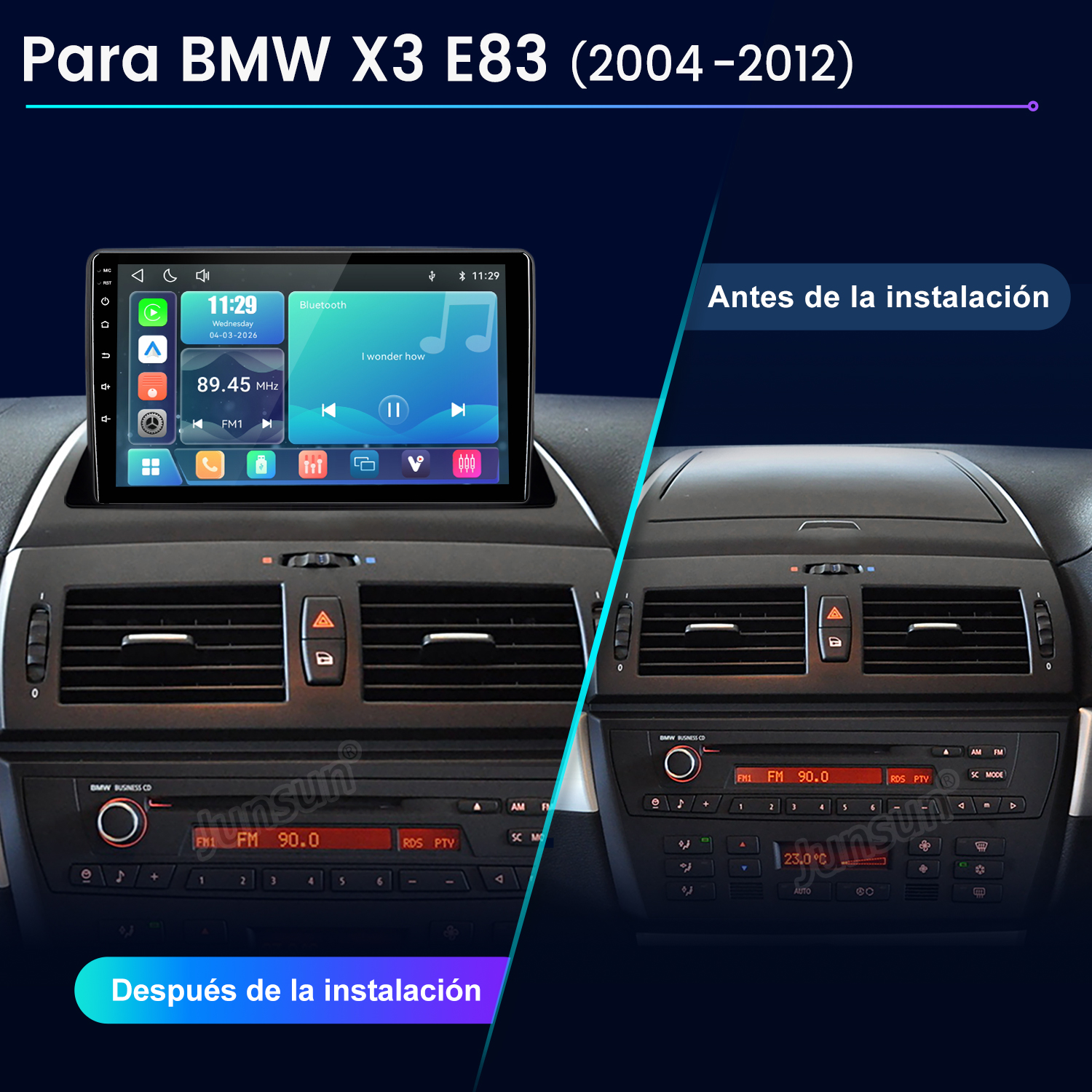 Comparación del salpicadero de un BMW X3 antes y después de instalar una nueva pantalla táctil.