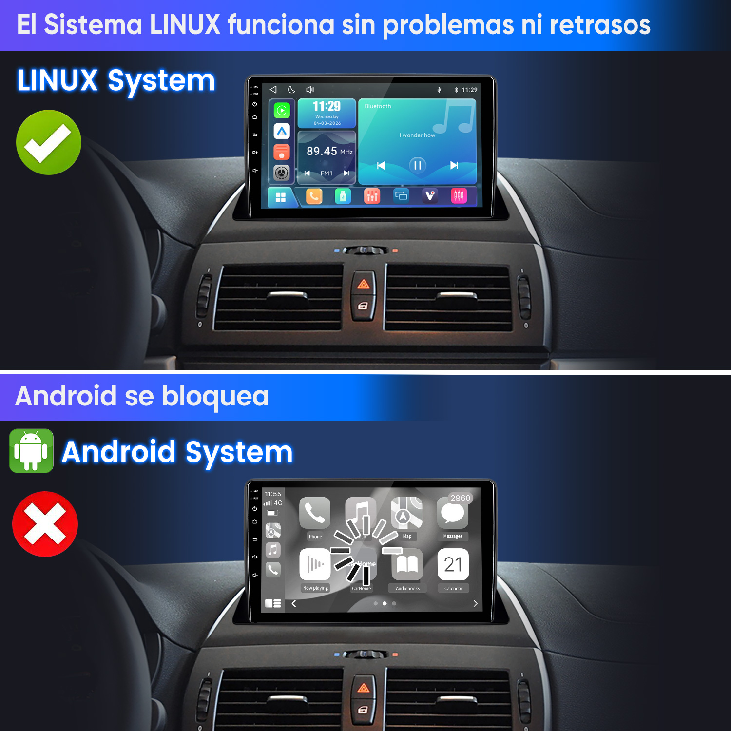 Comparación de pantallas de coche: sistema Linux fluido frente a sistema Android con retraso de carga.