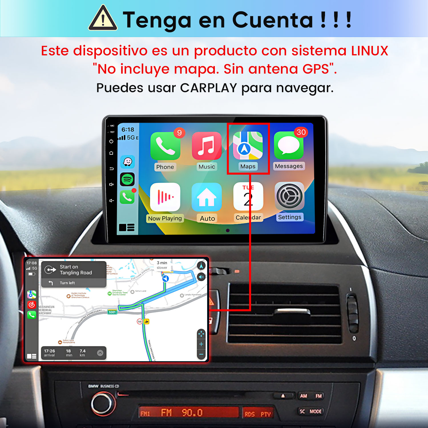 Autoradio Linux en salpicadero con menú CarPlay y mapa.