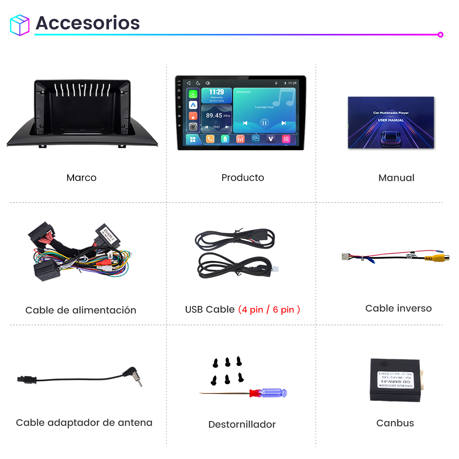 Cuadrícula de accesorios multimedia para coche que incluye marco, cables, manual y herramientas.
