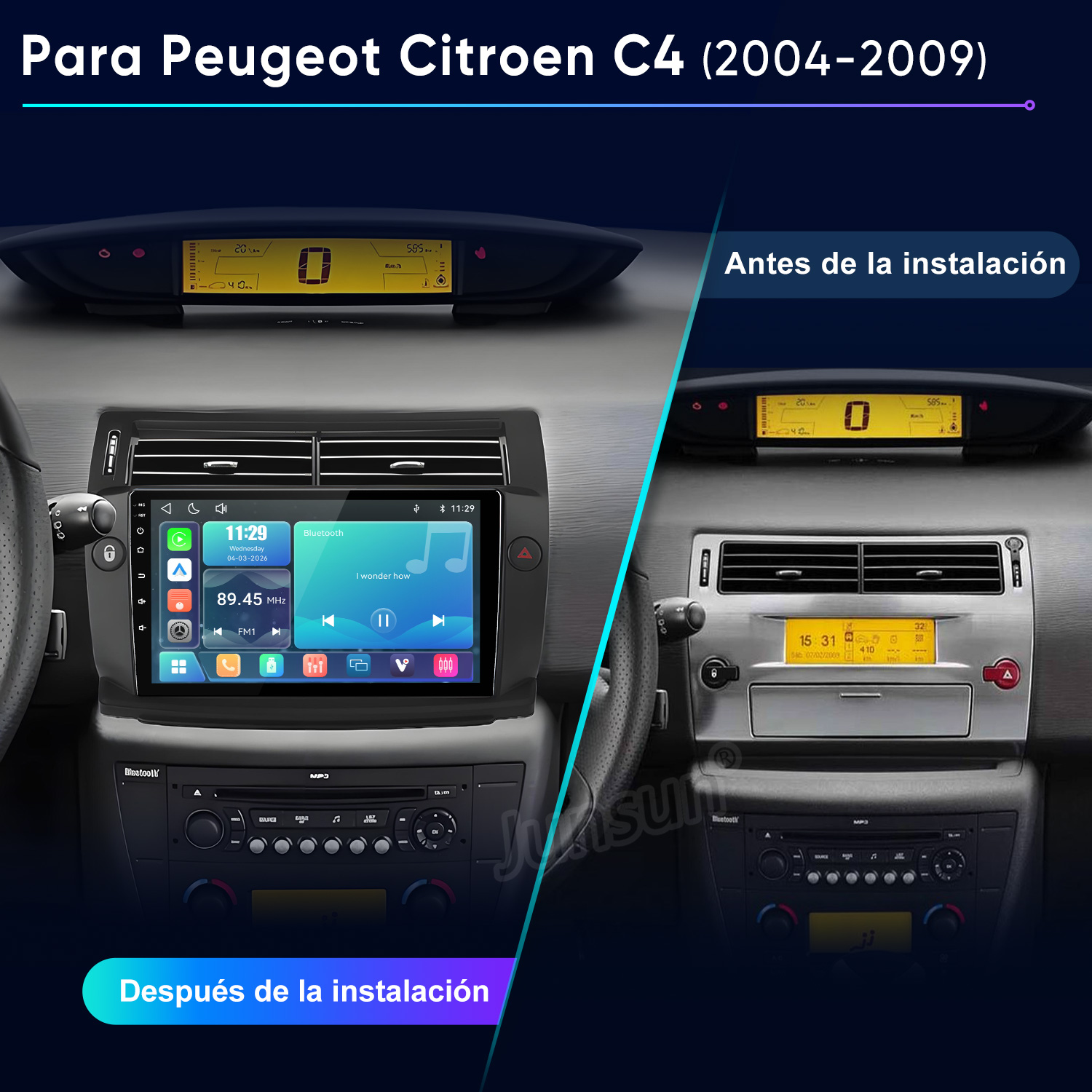 Comparación del salpicadero de un Peugeot Citroen C4 antes y después de instalar una radio multimedia.