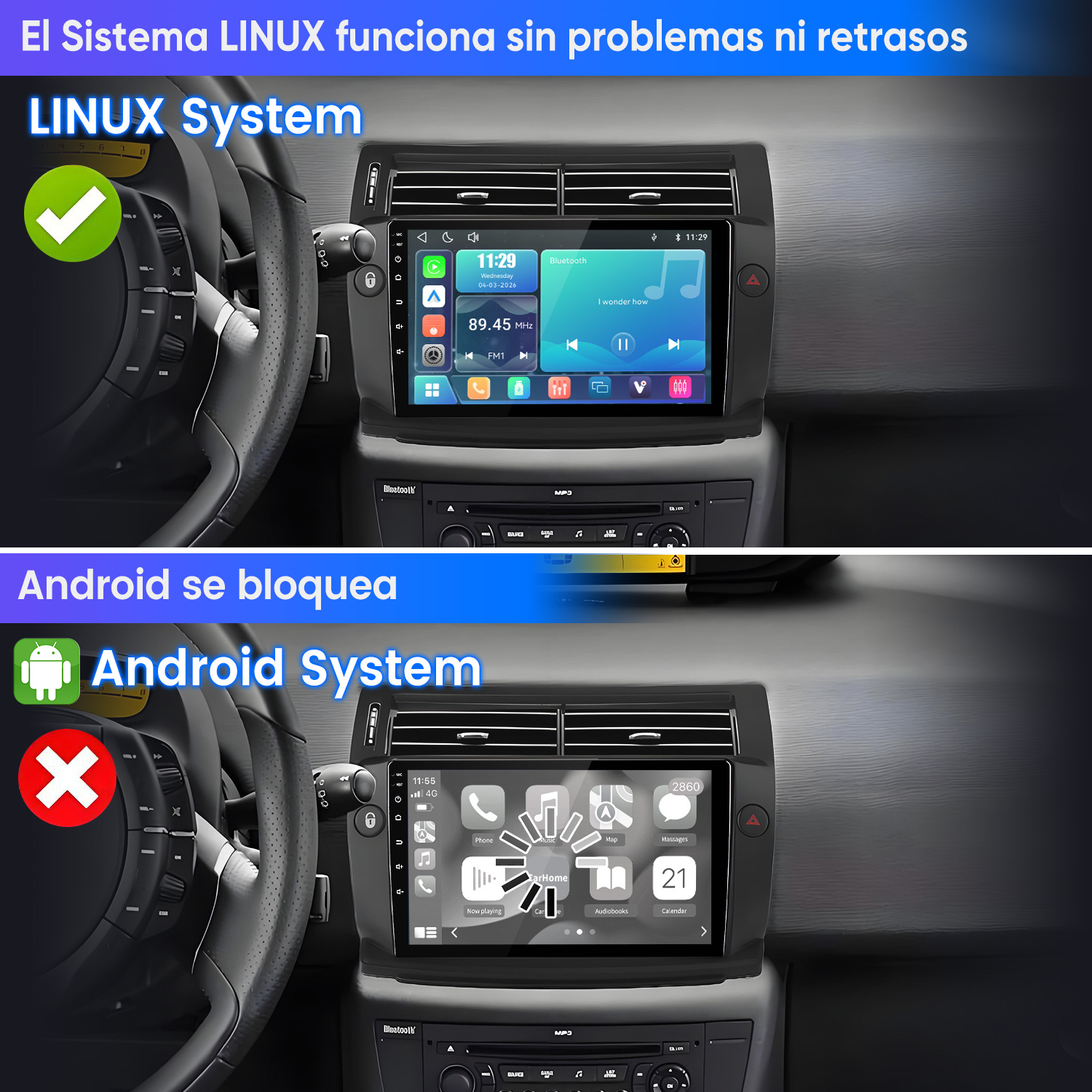 Comparación de dos pantallas de coche: un sistema Linux fluido frente a un sistema Android bloqueado.