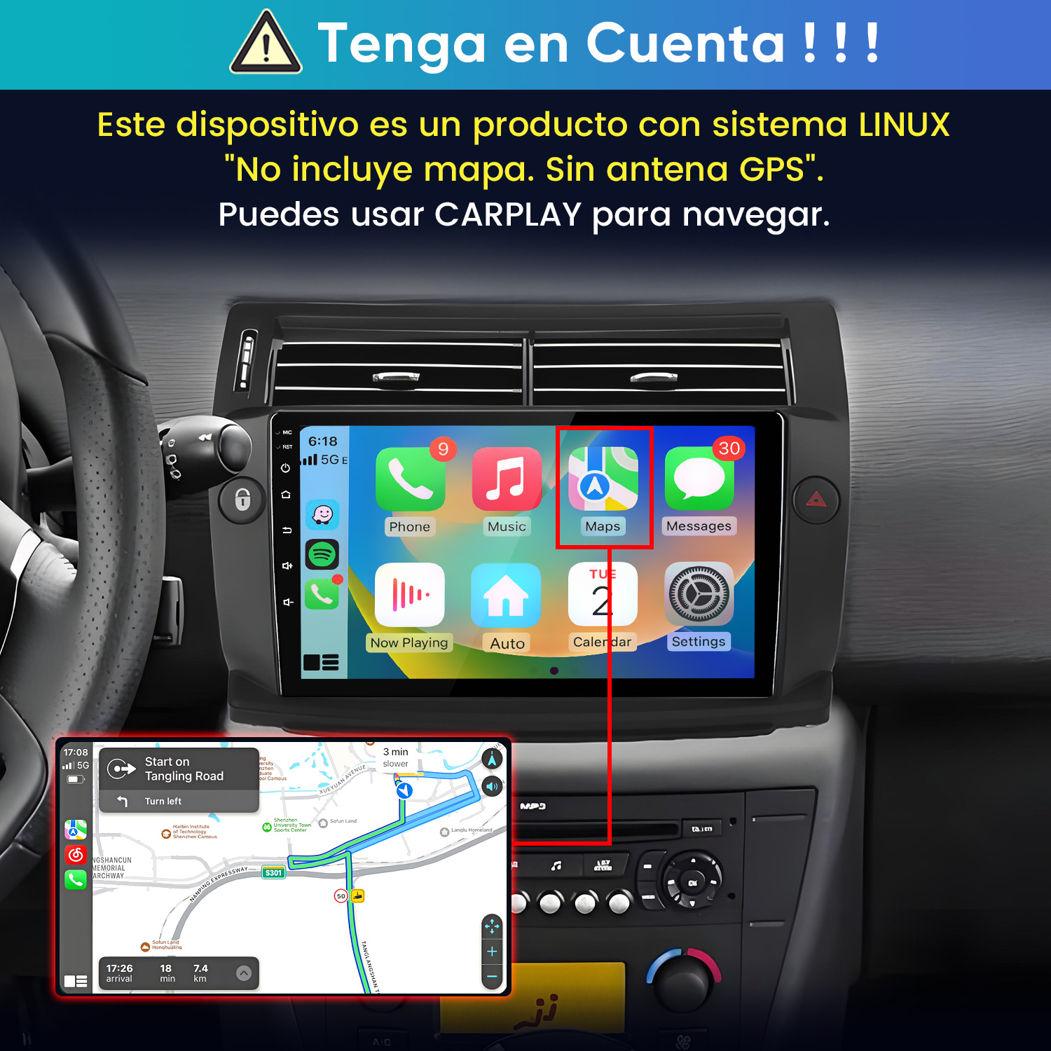 Una pantalla de coche muestra el menú de Apple CarPlay con aplicaciones como Mapas y Música, con texto de advertencia.