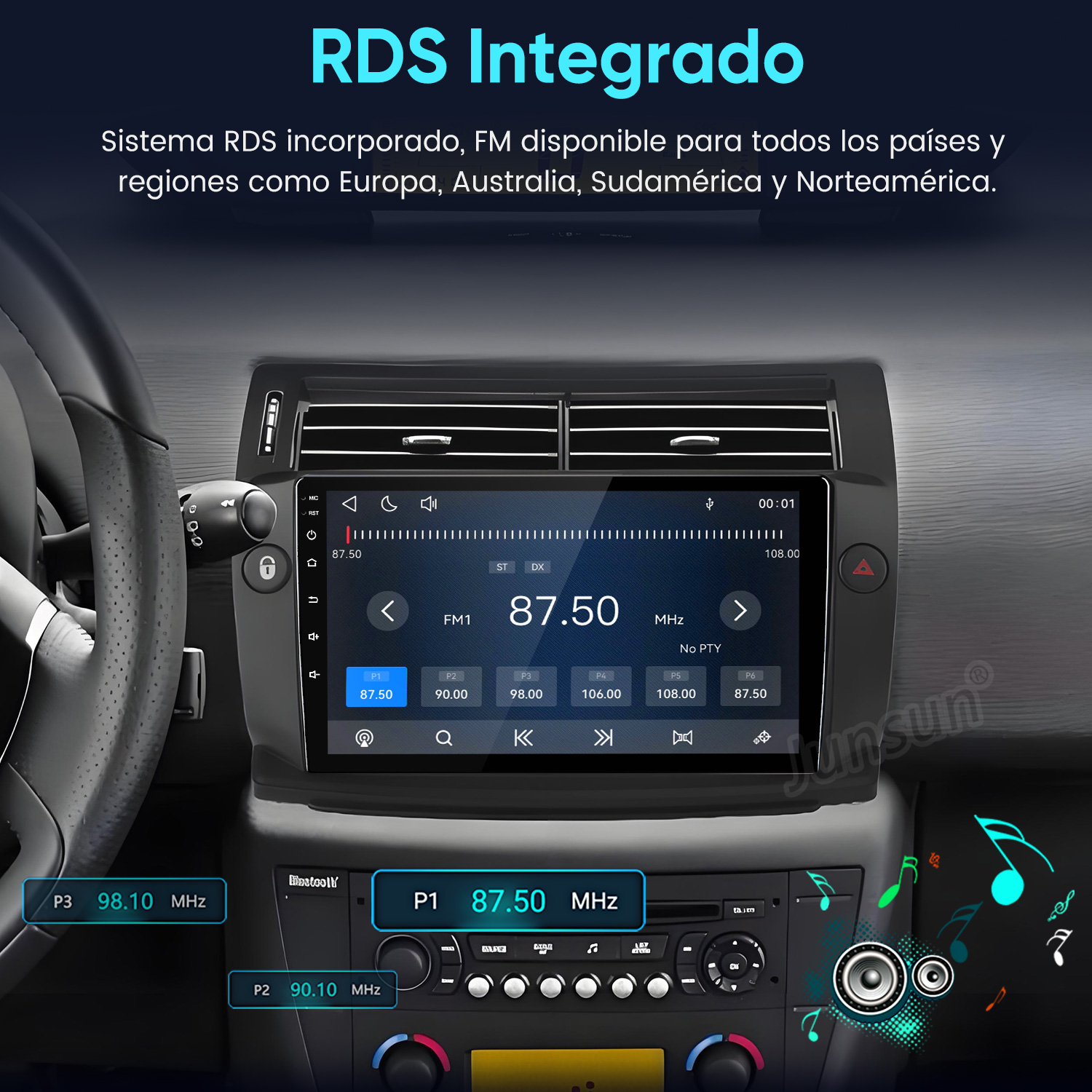 Una pantalla de audio para coche muestra la frecuencia de radio FM 87.50 MHz, con RDS integrado y controles.