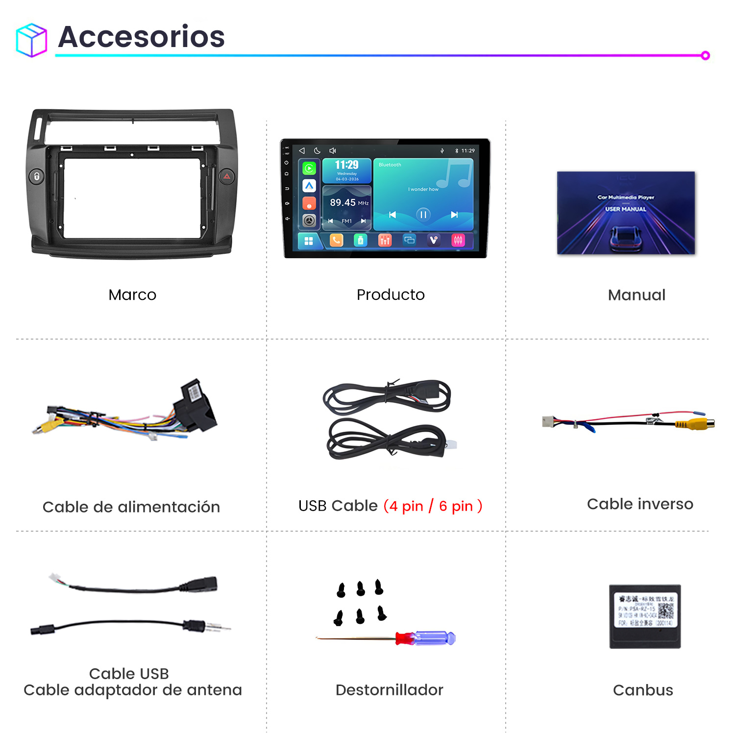 Cuadrícula de accesorios para autos que incluye marco de tablero, pantalla, manual, cables, tornillos y canbus.