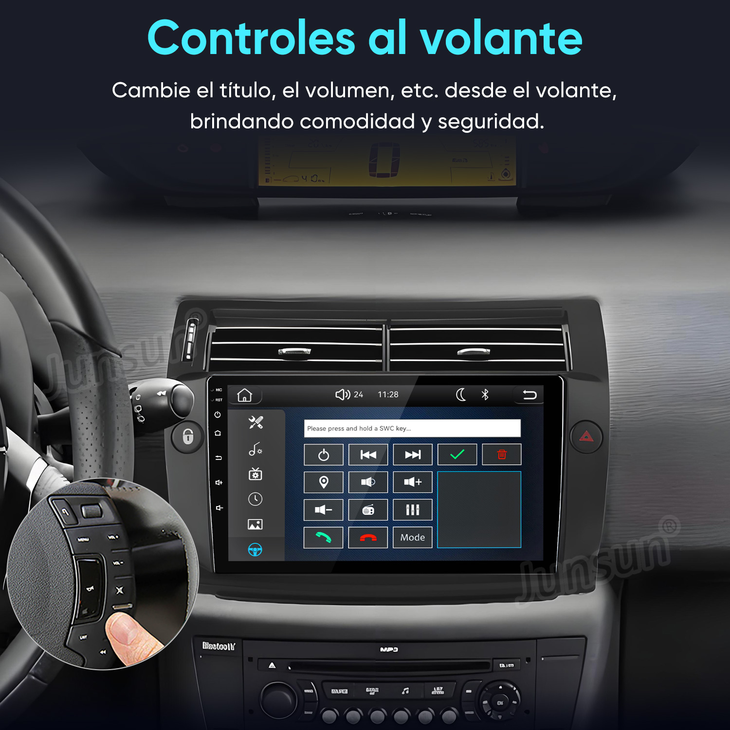 Interior de coche con sistema de infoentretenimiento táctil y controles en el volante.