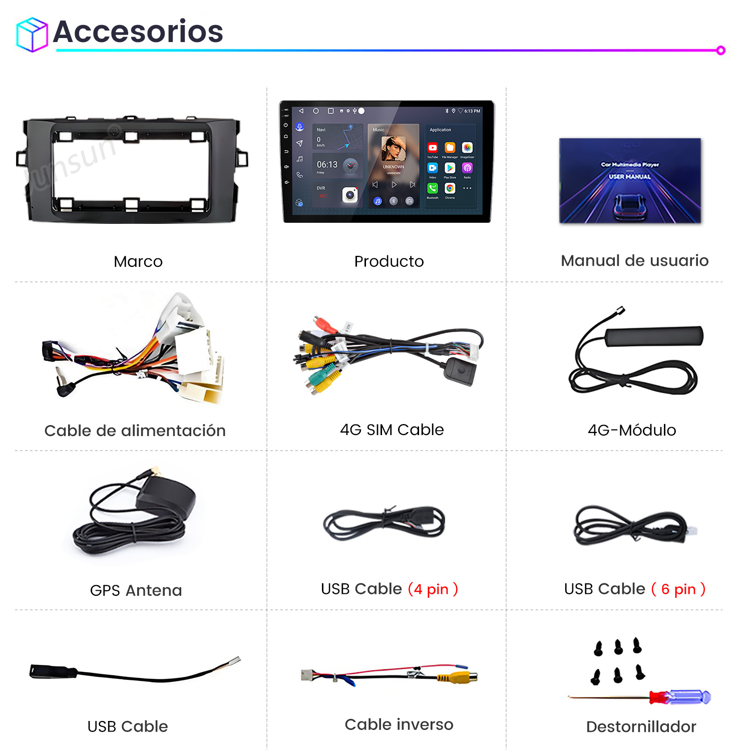 Catálogo de accesorios para sistema multimedia de auto incluyendo marco, pantalla, manual, cables, GPS y herramientas.