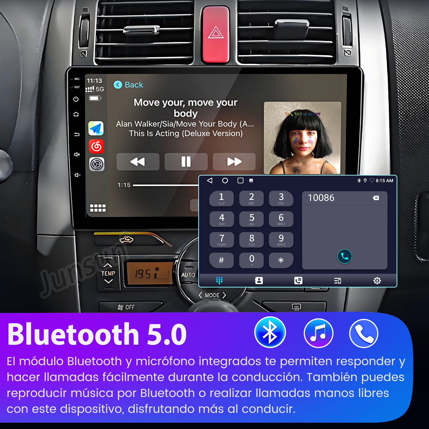 La pantalla del autoestéreo muestra reproducción de música y un teclado de llamadas Bluetooth.