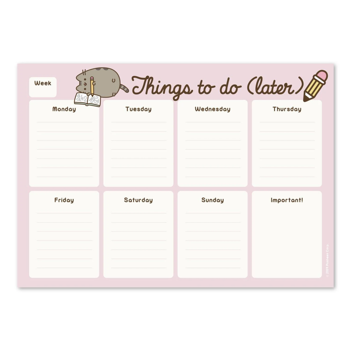 Rosa wöchentlicher To-Do-Listen-Planer mit niedlichen Katzenillustrationen, der Wochentage und ein wichtiges Fach zeigt.