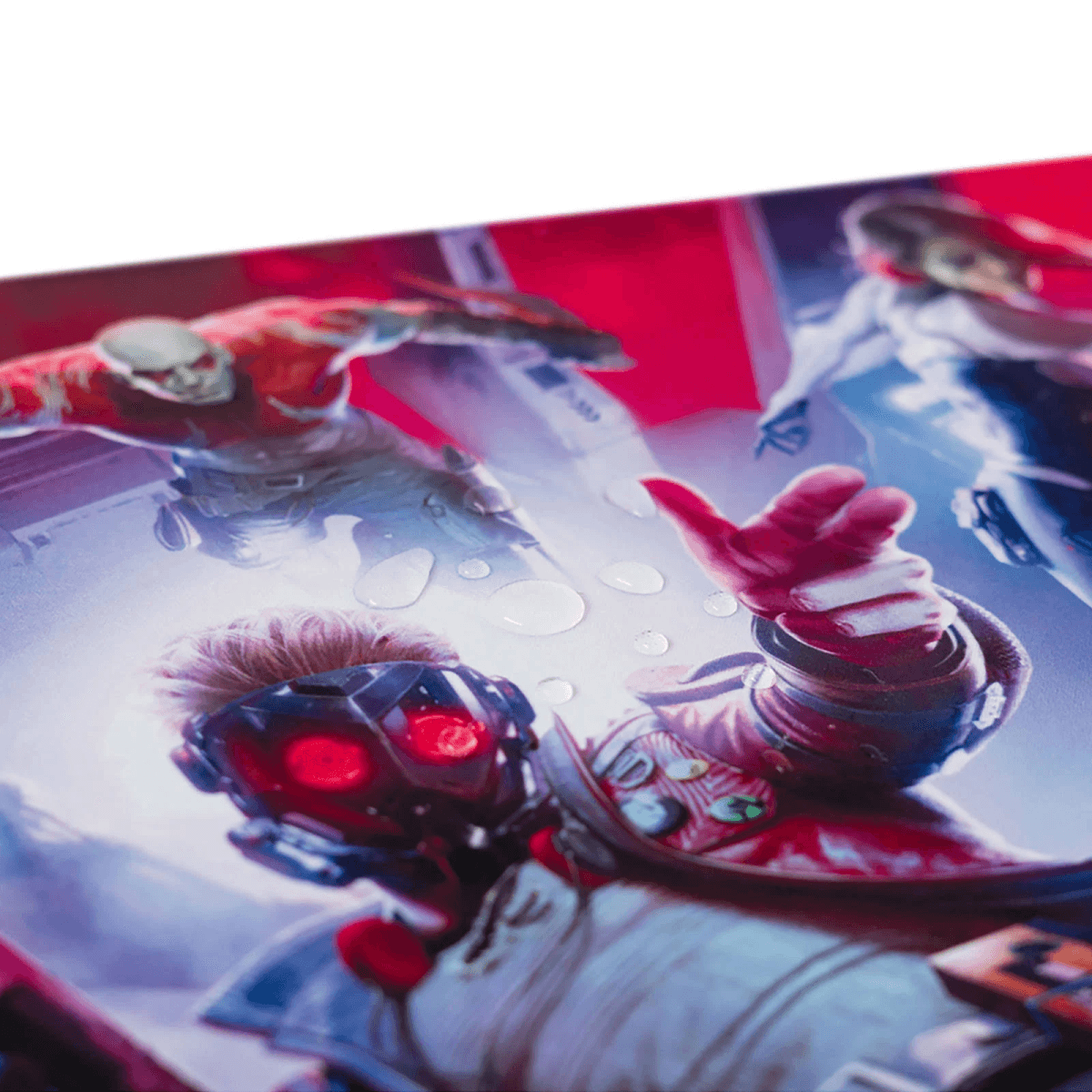 Gotas de agua en una superficie impresa con personajes de ciencia ficción como Star-Lord y Drax.