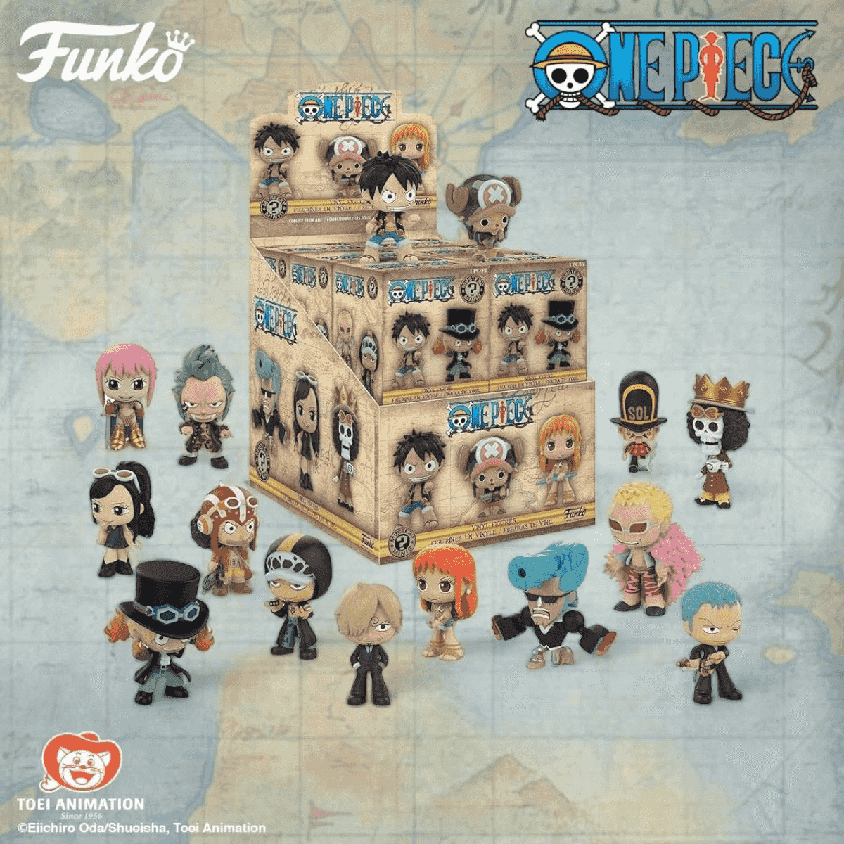 Espositore Funko One Piece Mystery Minis con varie statuine in vinile.
