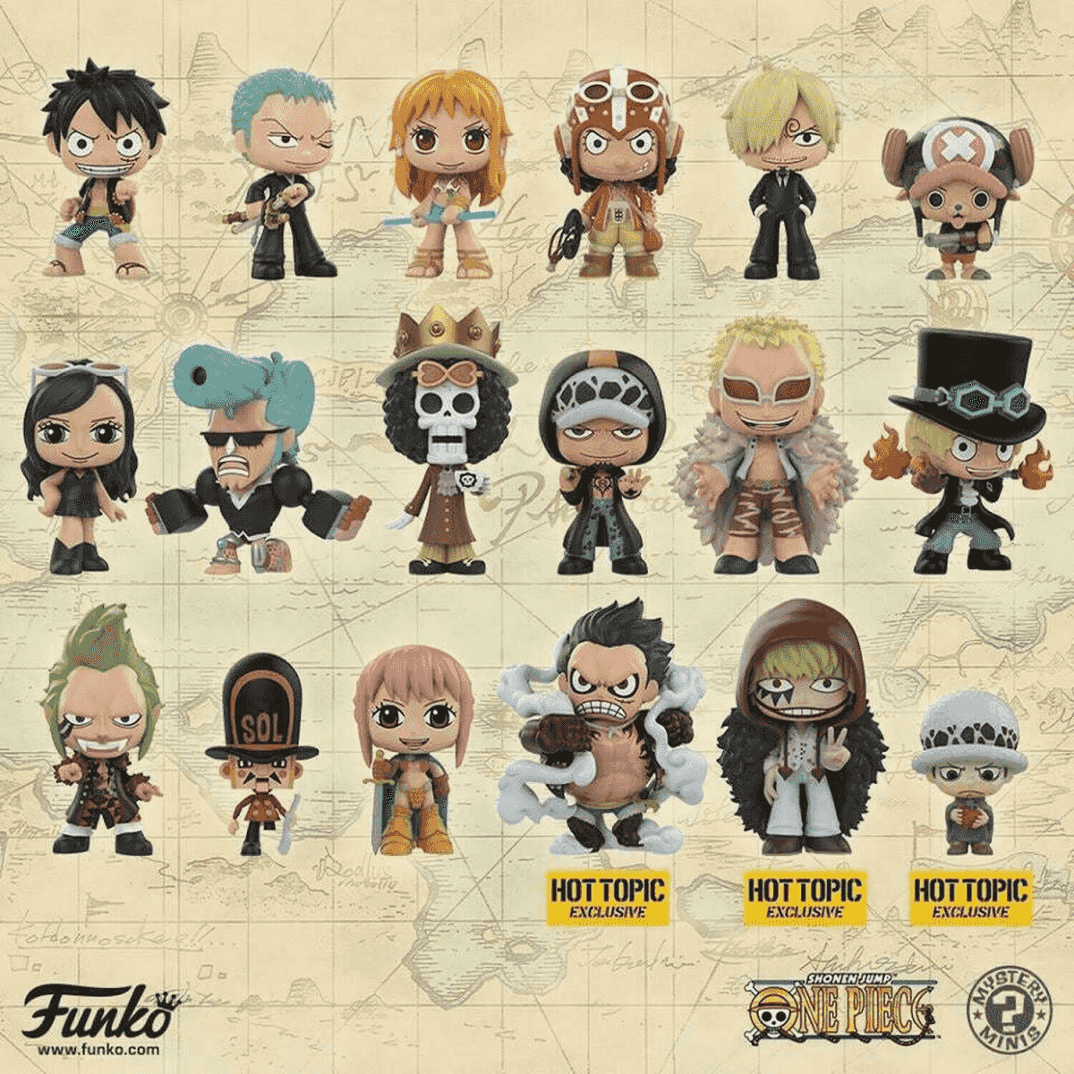 Una disposizione di varie figure in vinile One Piece Mystery Minis su uno sfondo di mappa.