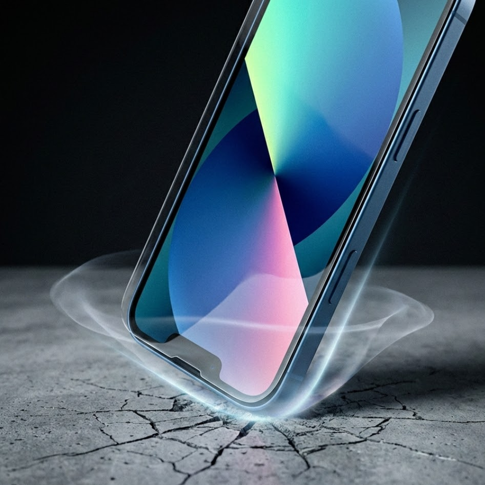Smartfon unosi się nad popękanym betonem, otoczony świecącą tarczą ochronną.