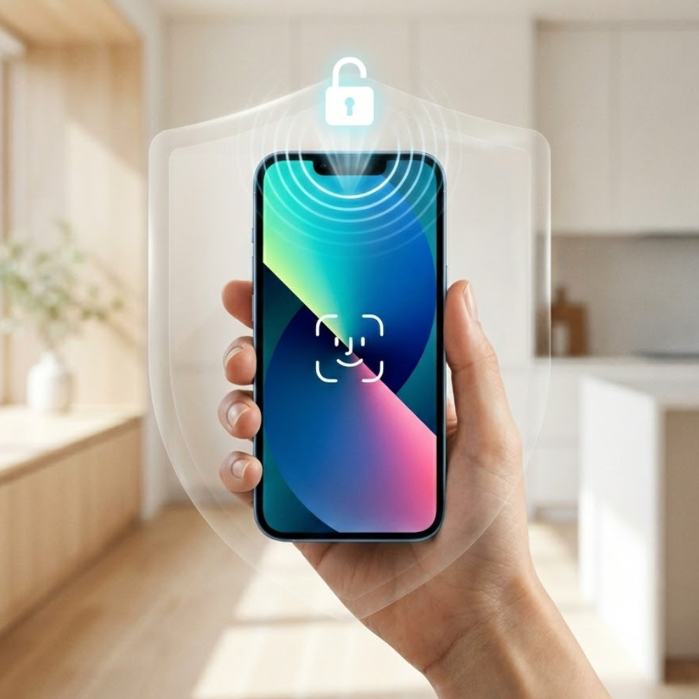 Ręka trzyma smartfon z ikoną rozpoznawania twarzy i tarczą ochronną.