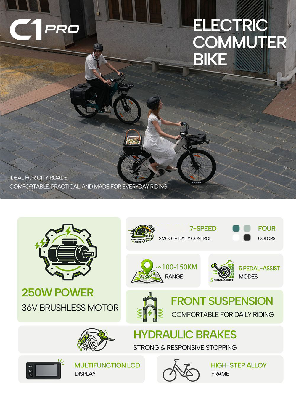 Dos personas montan en bicicletas eléctricas sobre losetas de piedra gris, acompañadas de detalles técnicos.