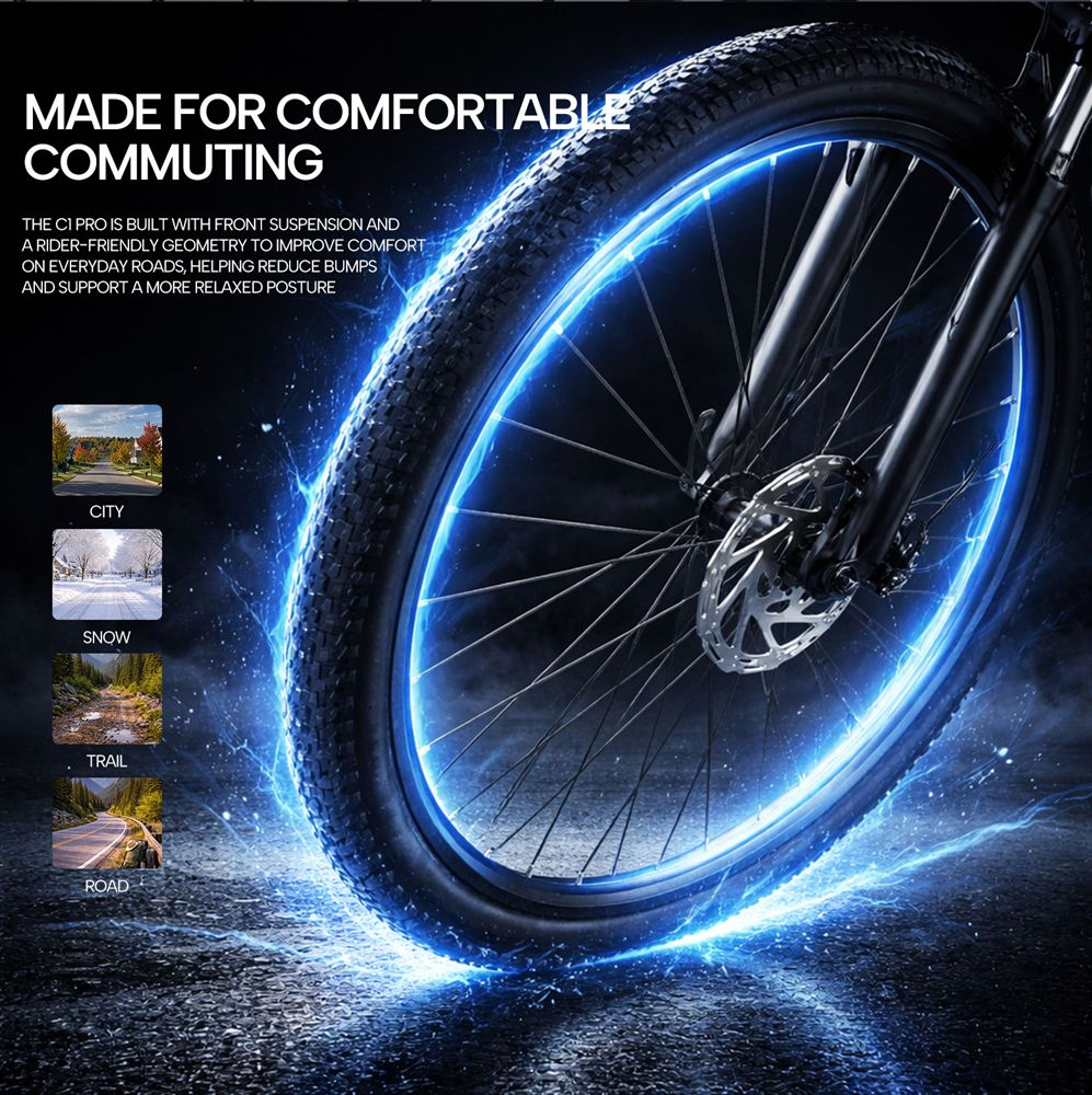 Un neumático de bicicleta con efecto de luz azul y texto sobre fondo negro.