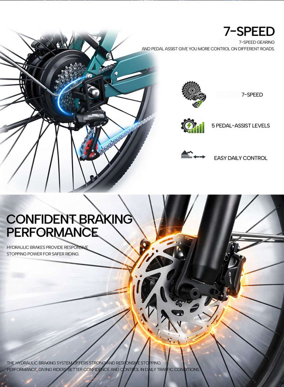 Partes de bicicleta: 7 velocidades arriba y freno de disco hidráulico abajo con texto.