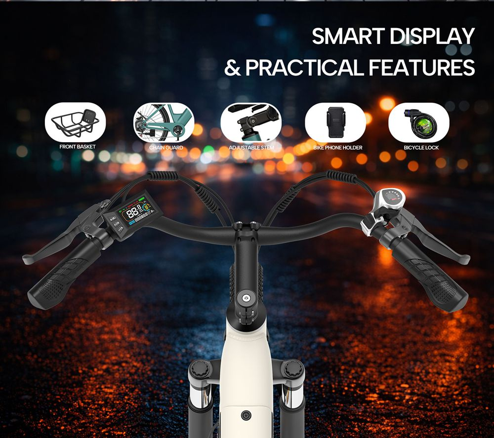 Manillar de e-bike con pantalla inteligente, cambio y iconos de accesorios sobre fondo nocturno difuminado.