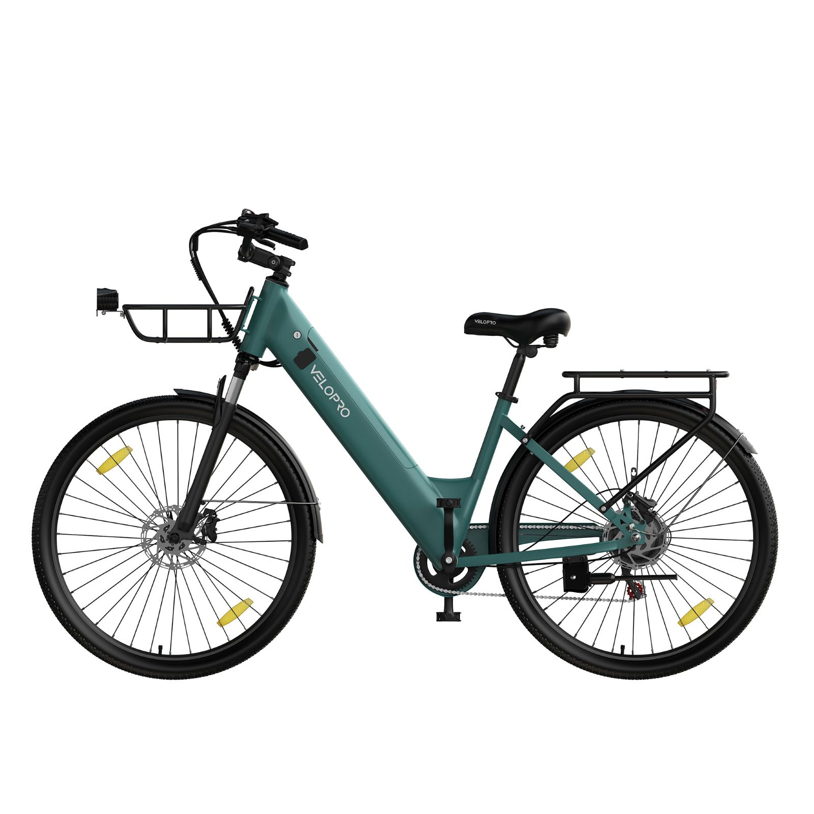 Una bicicleta eléctrica Velopro de color verde azulado con parrillas delantera y trasera sobre fondo blanco.