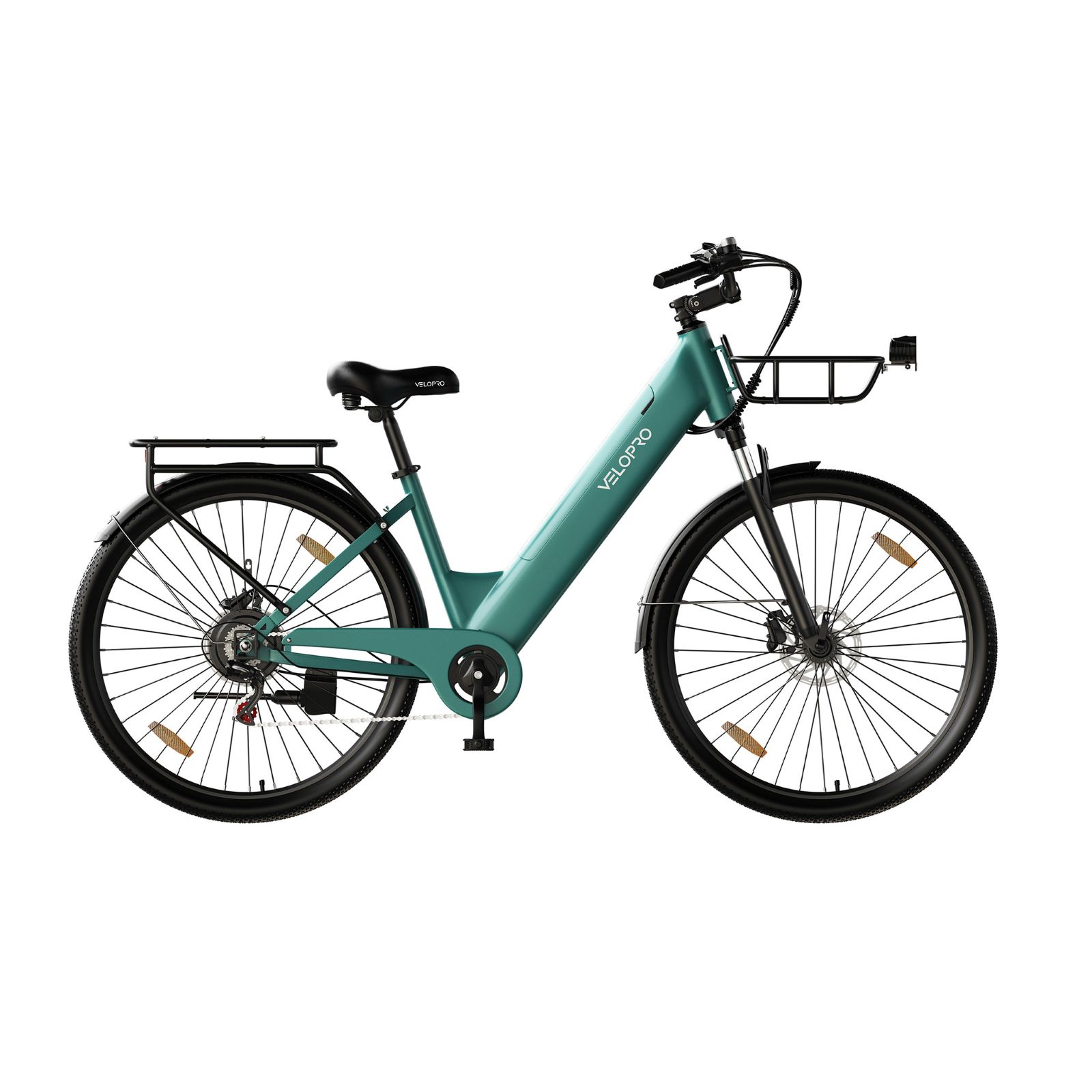 Una bicicleta eléctrica Velopro verde azulado con cesta delantera, portaequipajes y neumáticos negros sobre fondo blanco.