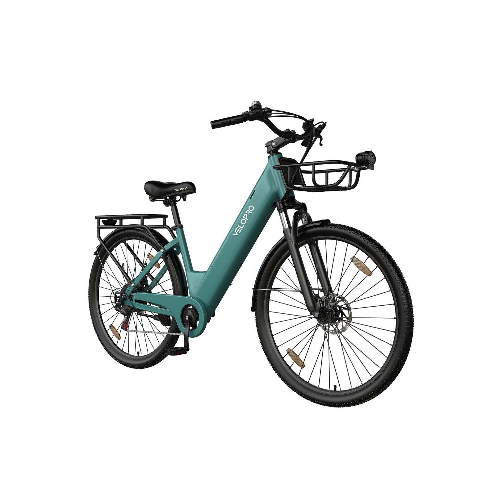 Una bicicleta eléctrica verde azulado con cesta delantera y portaequipajes trasero.