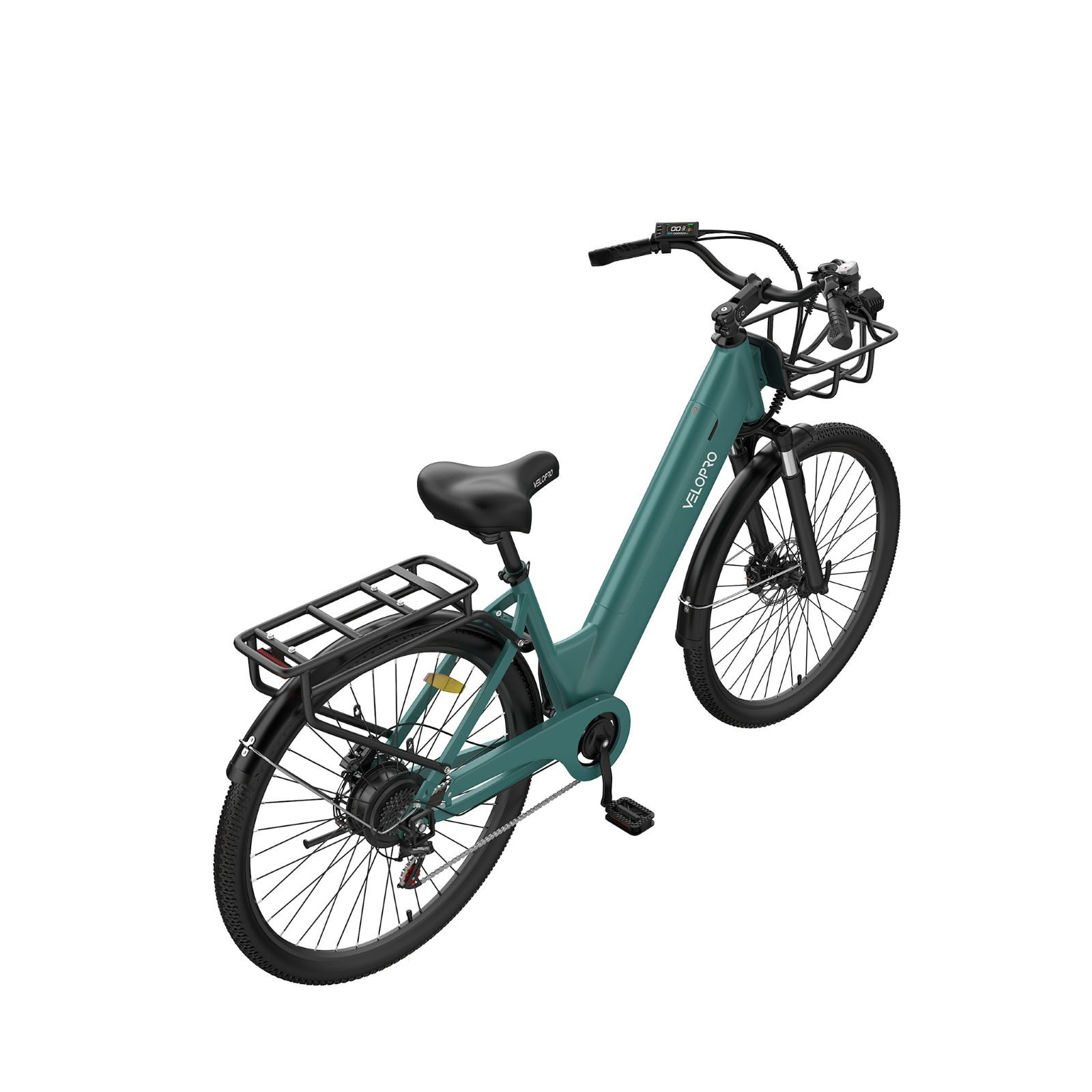 Bicicleta eléctrica verde azulado con parrillas delantera y trasera, guardabarros negros y pantalla digital, sobre fondo blanco.