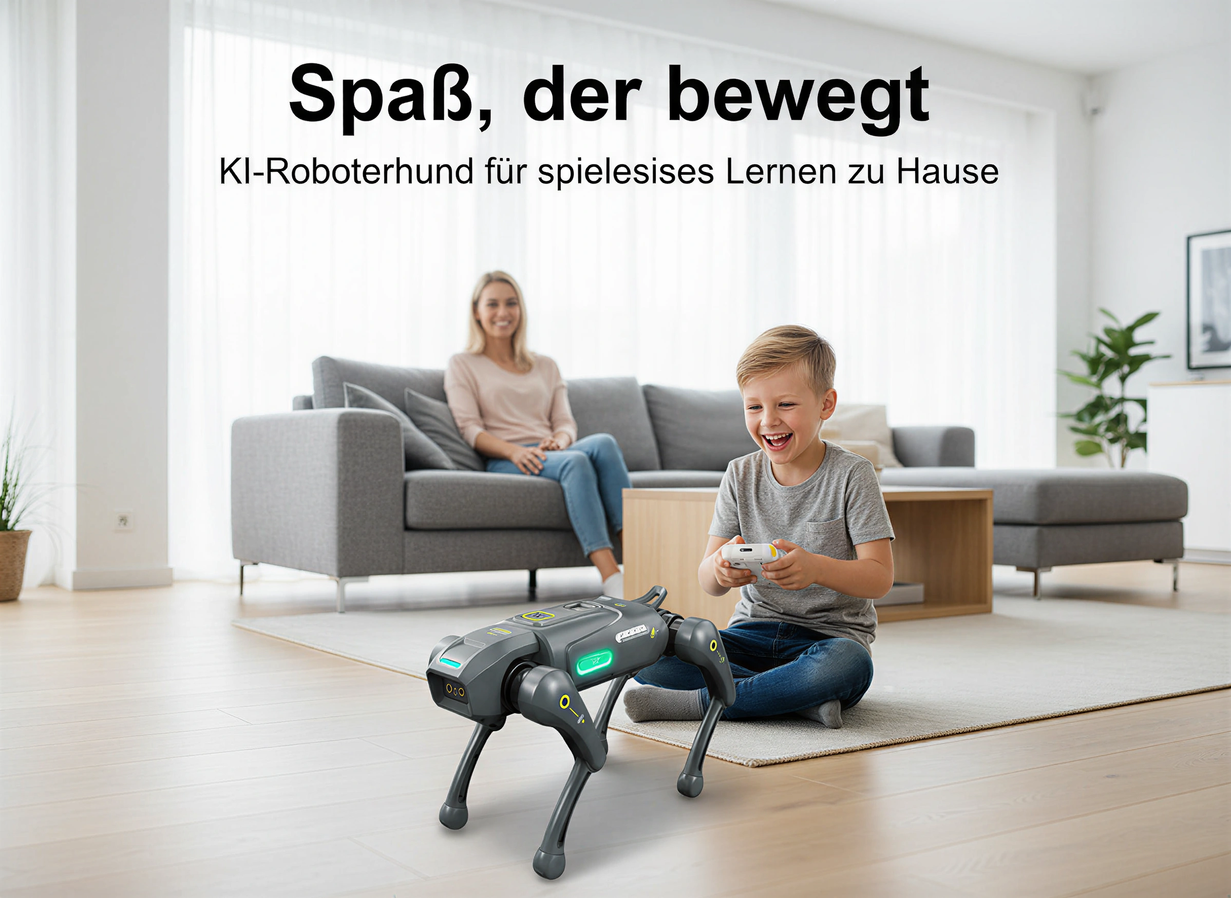 Ein Junge steuert einen grauen Roboterhund im Wohnzimmer, während eine Frau auf dem Sofa sitzt und lächelt.