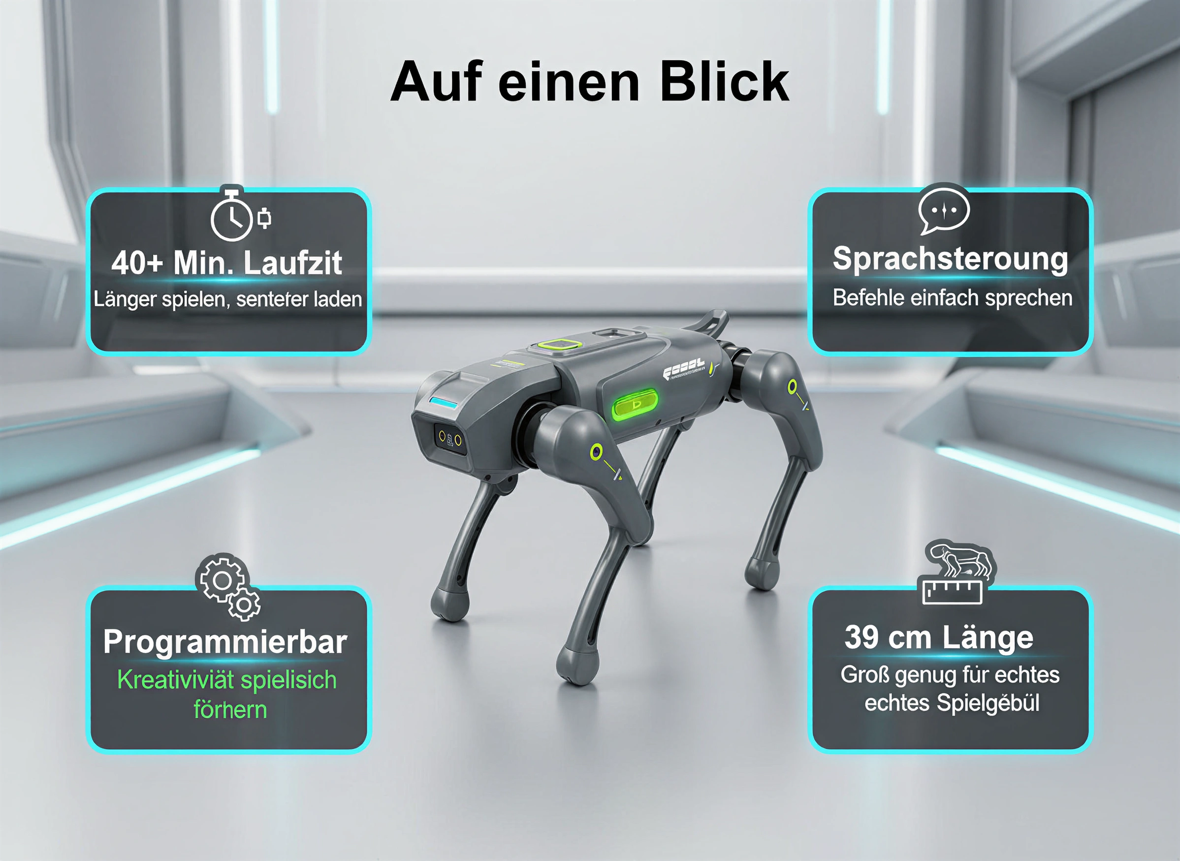 Ein grauer Roboterrundhund auf glattem Boden mit Textfeldern, die seine Funktionen erklären.