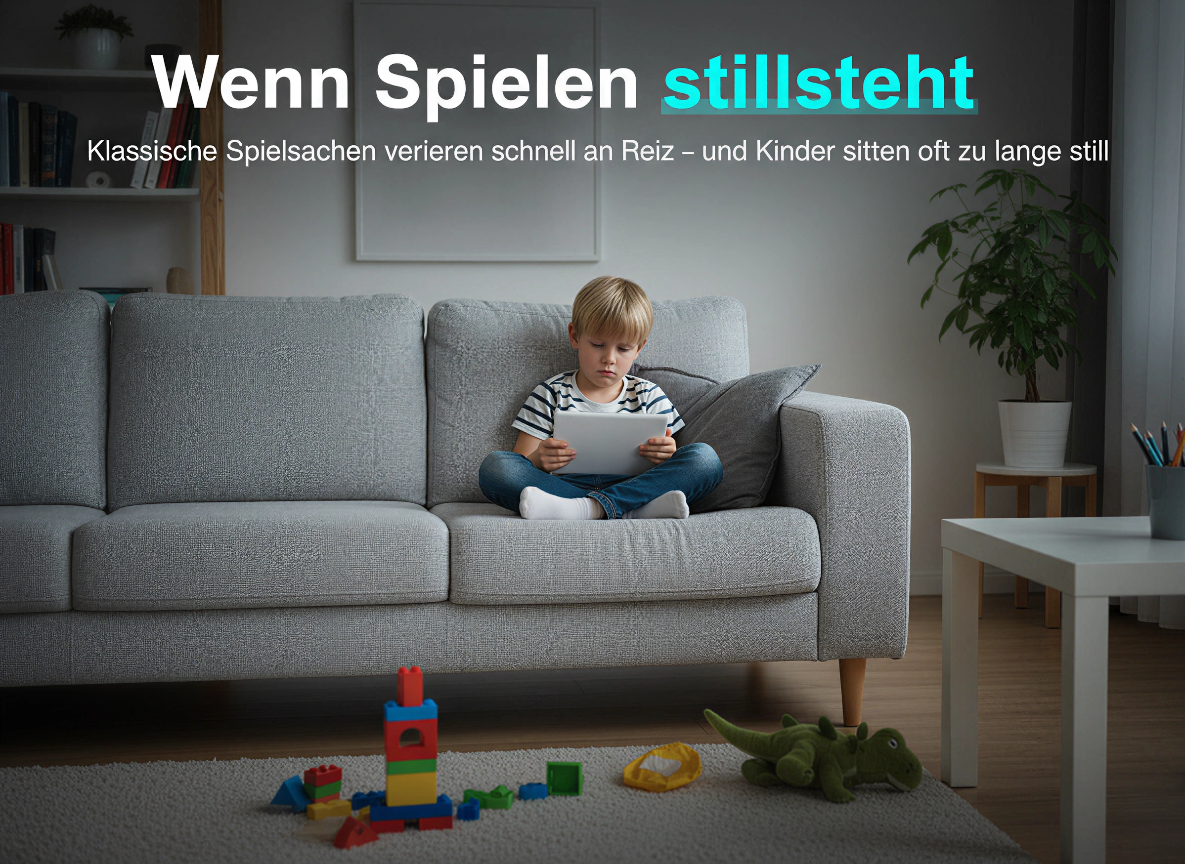 Ein Junge sitzt auf einem grauen Sofa und schaut auf ein Tablet, während Spielzeug auf dem Teppich liegt.