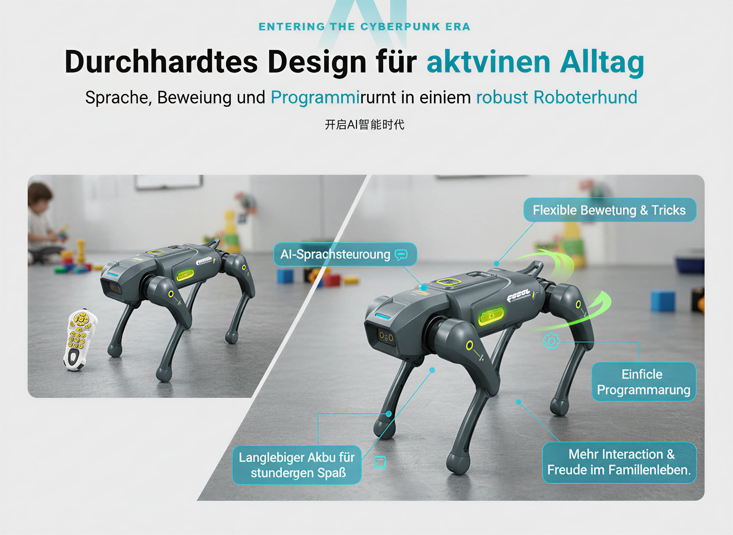 Roboterhund mit Sprachsteuerung und Programmierung in einer modernen Umgebung.