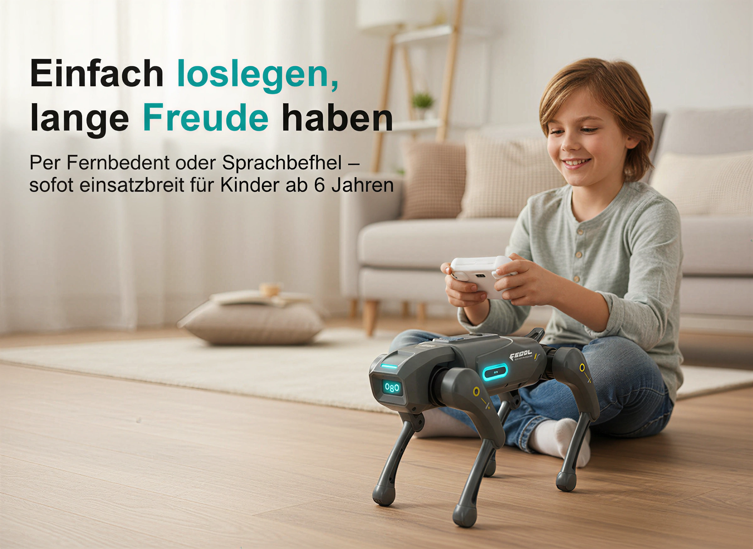 Ein Junge sitzt auf dem Holzfußboden und steuert einen grauen Roboterhund mit einer Fernbedienung.