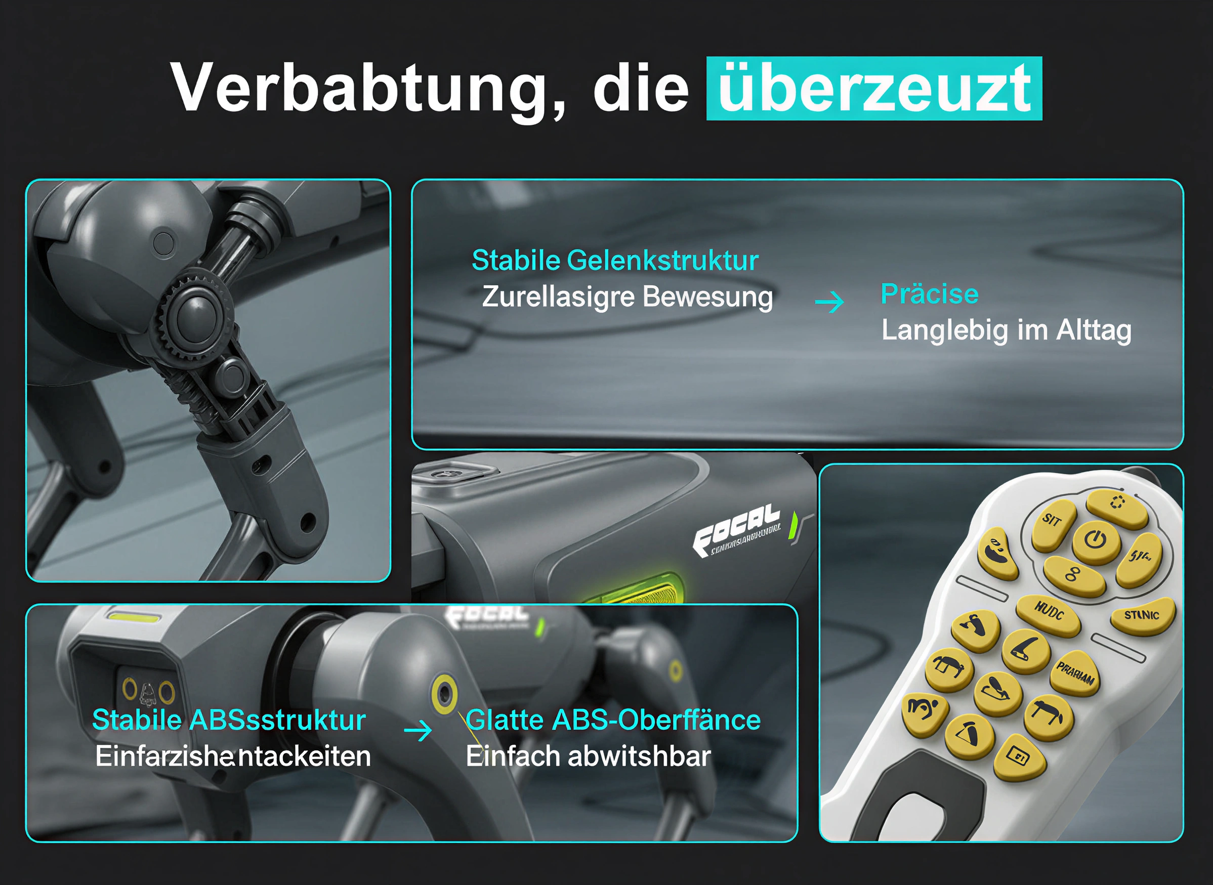 Technische Details eines Roboterhundes mit robuster ABS-Struktur und Fernbedienung.