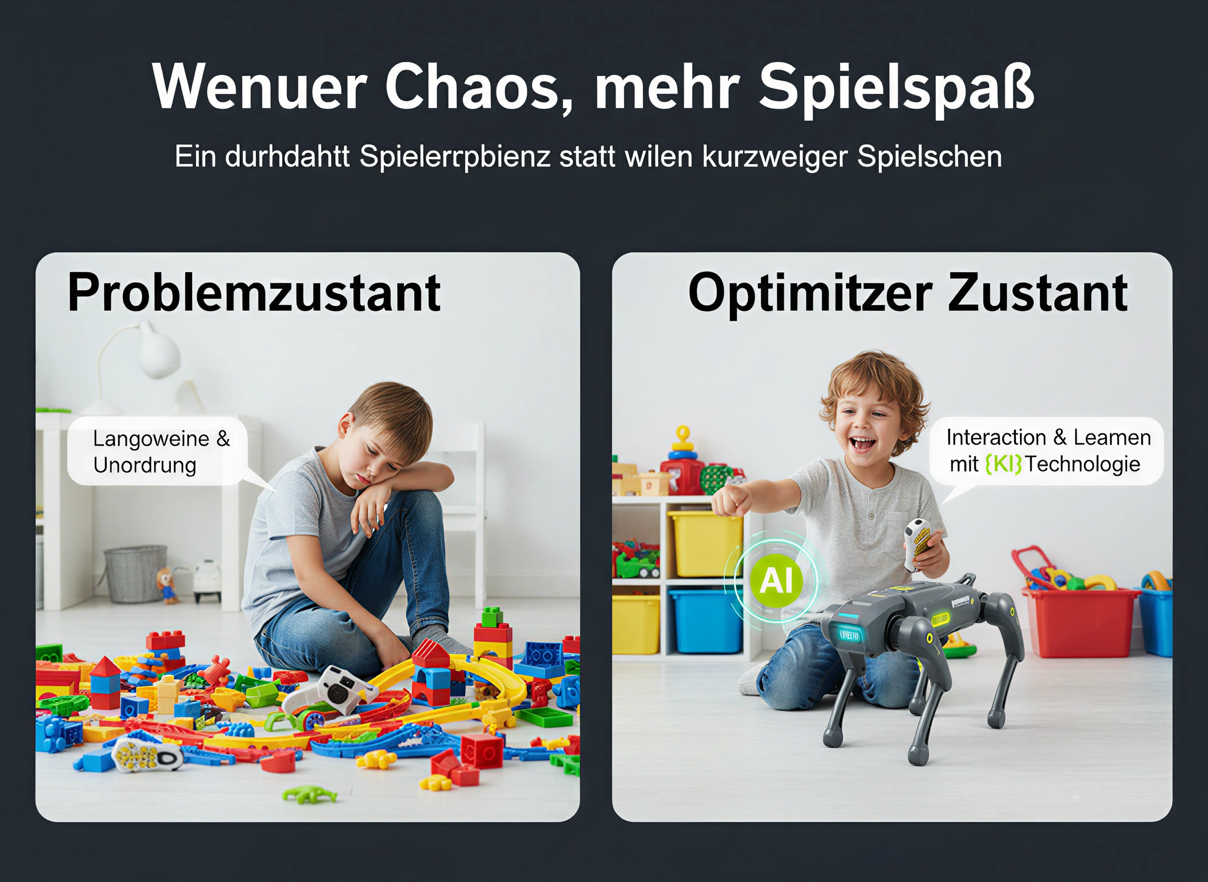 Vergleich eines traurigen Kindes im Spielzeugchaos und eines glücklichen Kindes mit KI-Roboterhund.