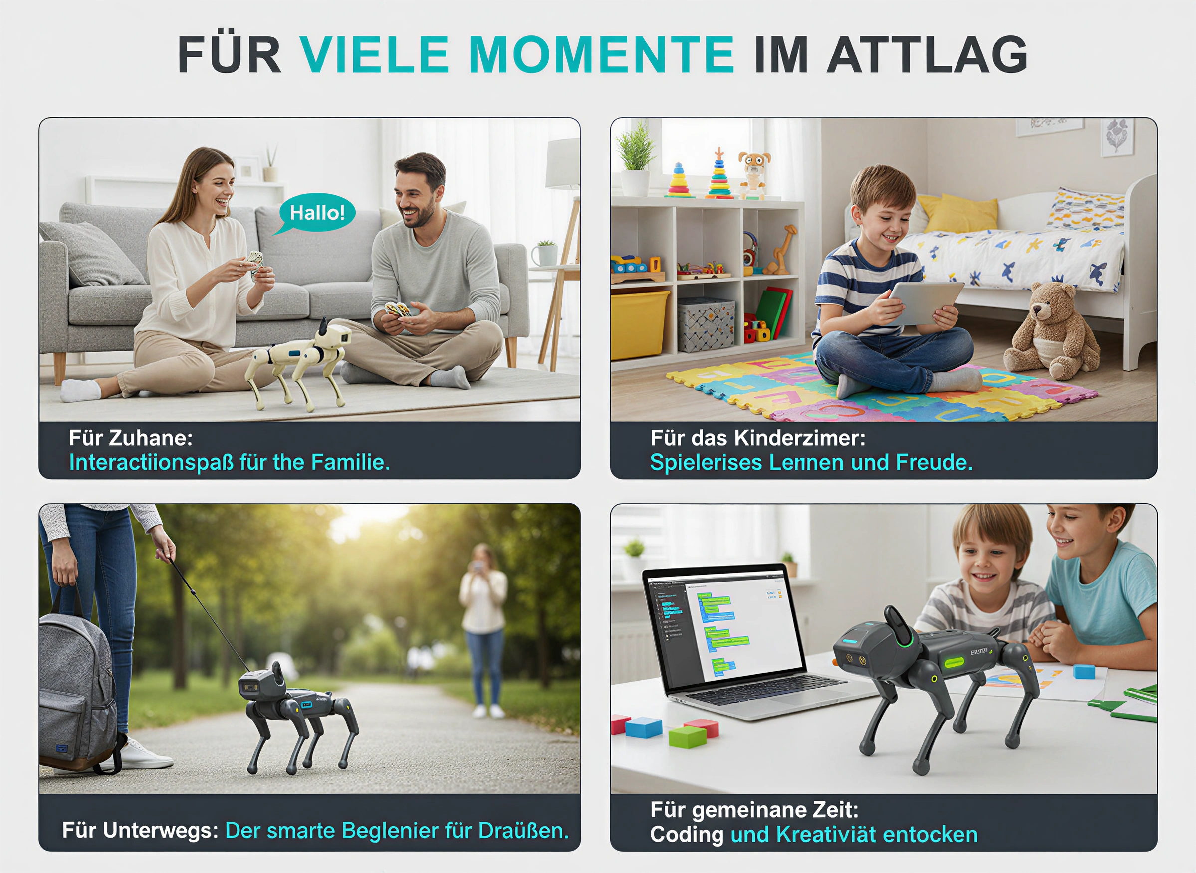 Vier Bilder zeigen Menschen und Kinder, die mit einem Roboterhund zu Hause, im Kinderzimmer und draußen interagieren.