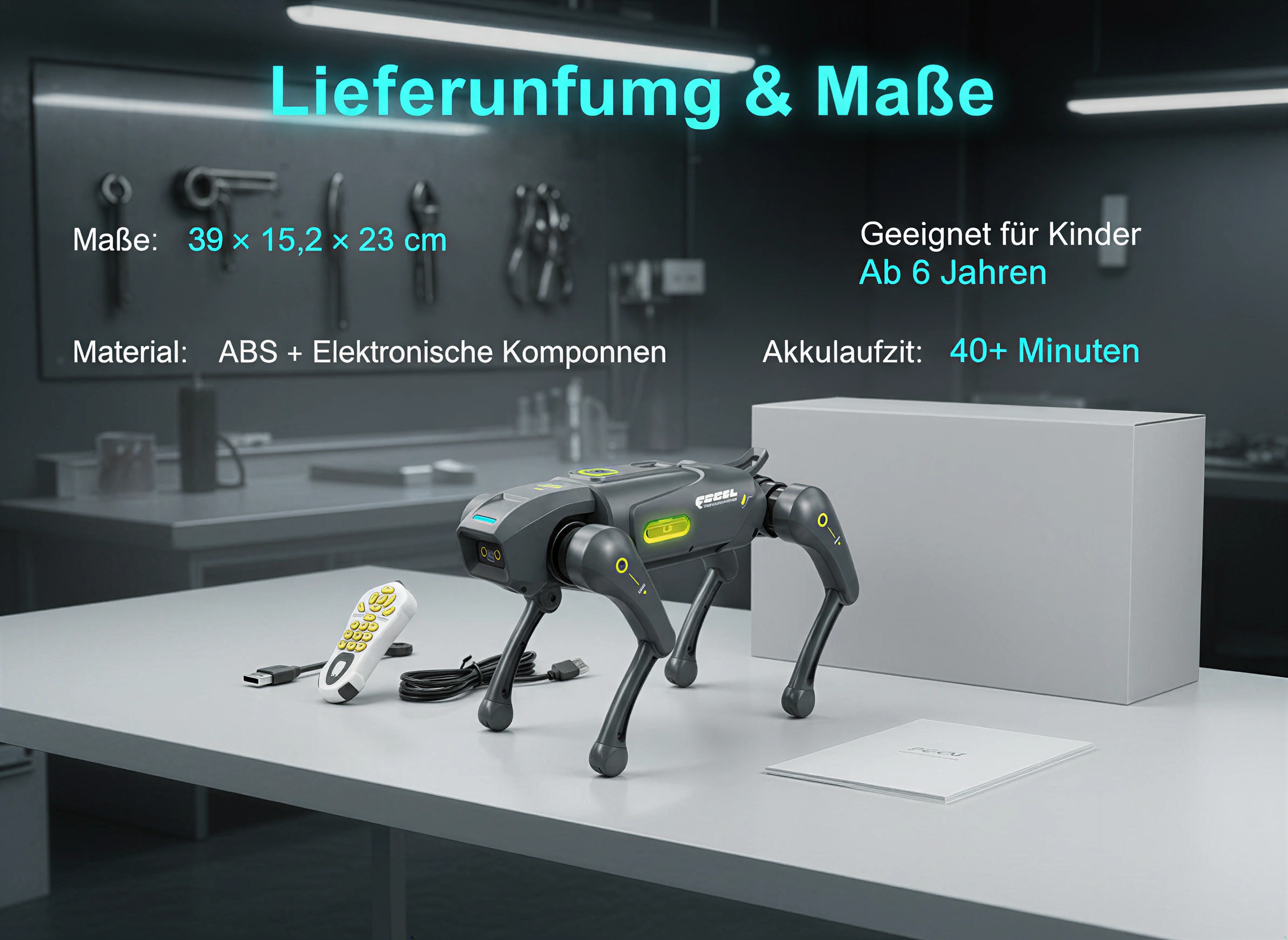 Ein grauer roboterhund auf einem Tisch mit Fernbedienung, Box und Textoverlay zu Maßen und Akkulaufzeit.