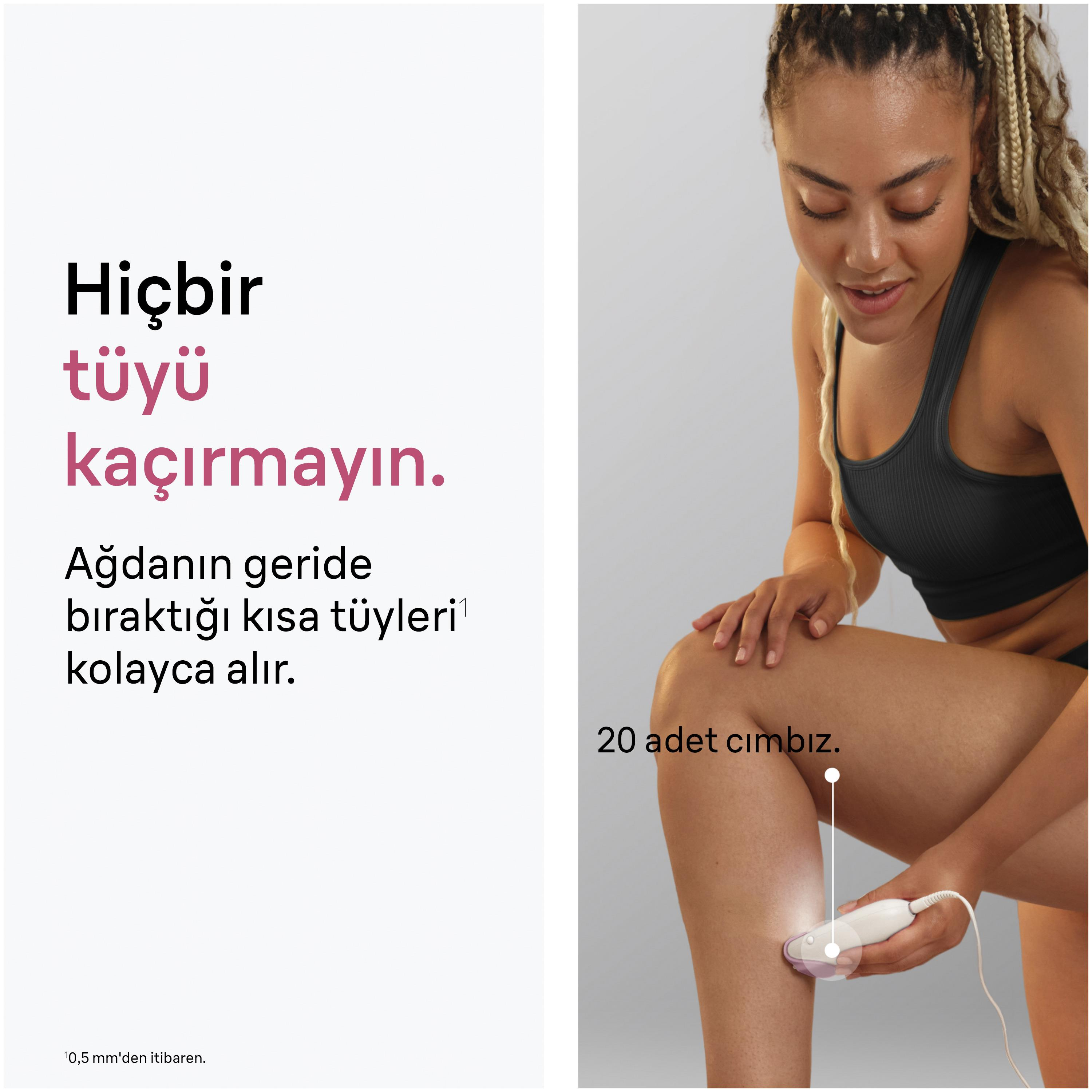 Spor kıyafetli bir kadın bacağına epilatör uyguluyor. Görselde metin var.
