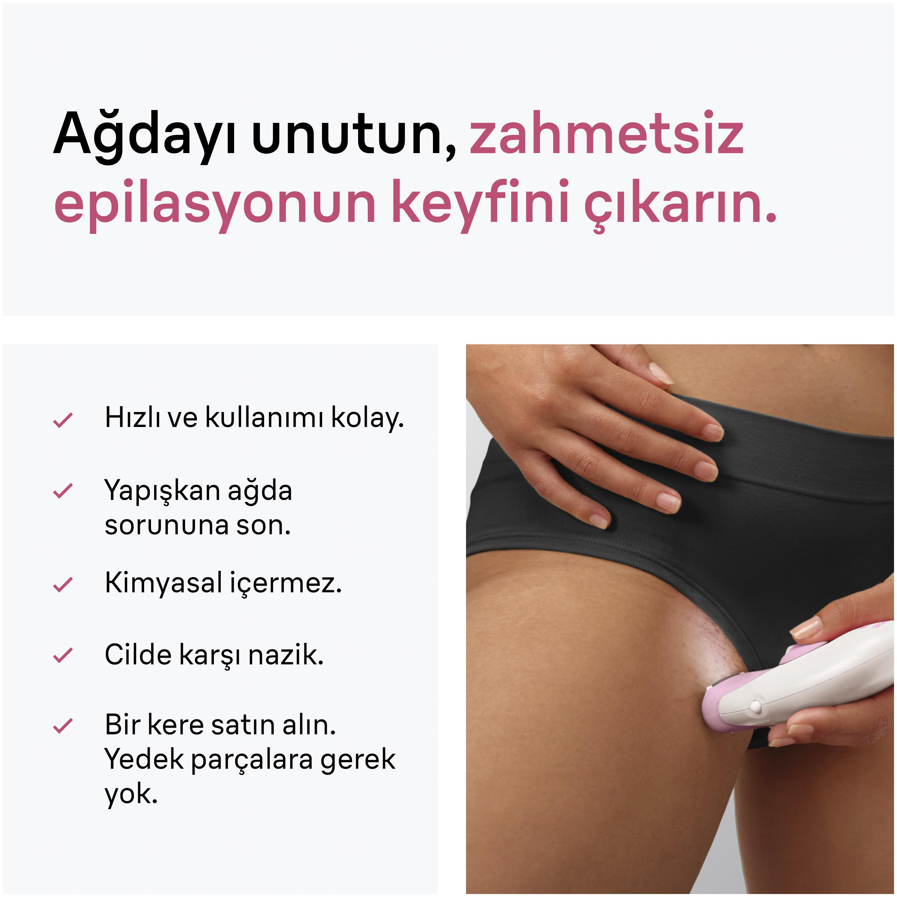 Bikini bölgesinde kullanılan bir epilatör ve yanında Türkçe metin listesi.