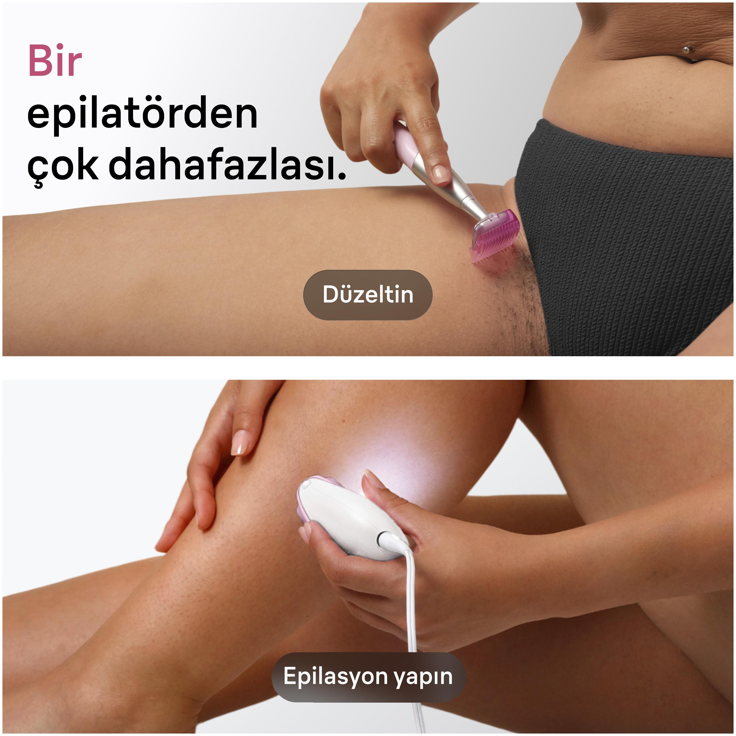 Bir kadının bikini bölgesini düzelttiğini ve bacağına epilatör uyguladığını gösteren iki panelli görsel.